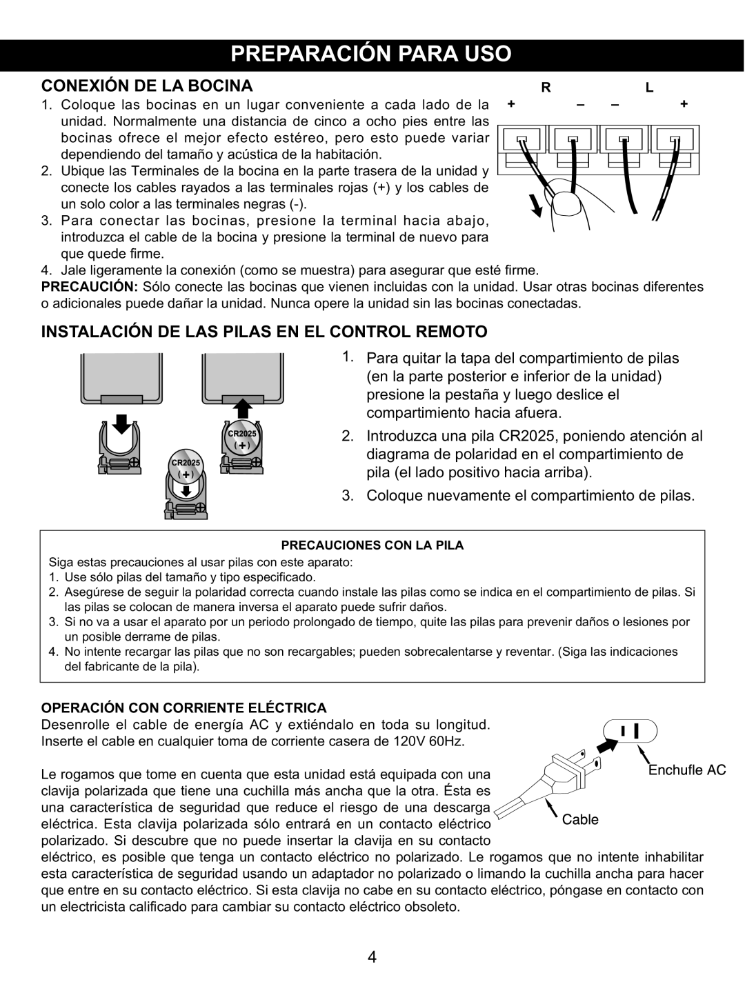 Memorex MX4137 manual Conexión De La Bocina, Instalación De Las Pilas En El Control Remoto, compartimiento hacia afuera 