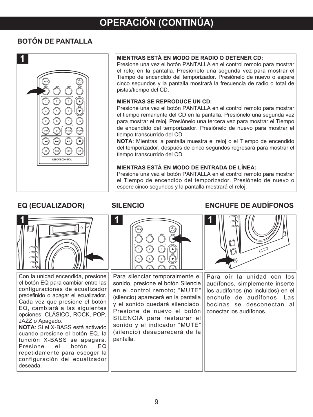 Memorex MX4137 manual Botón De Pantalla, Eq Ecualizador, Silencio, Mientras Está En Modo De Radio O Detener Cd 