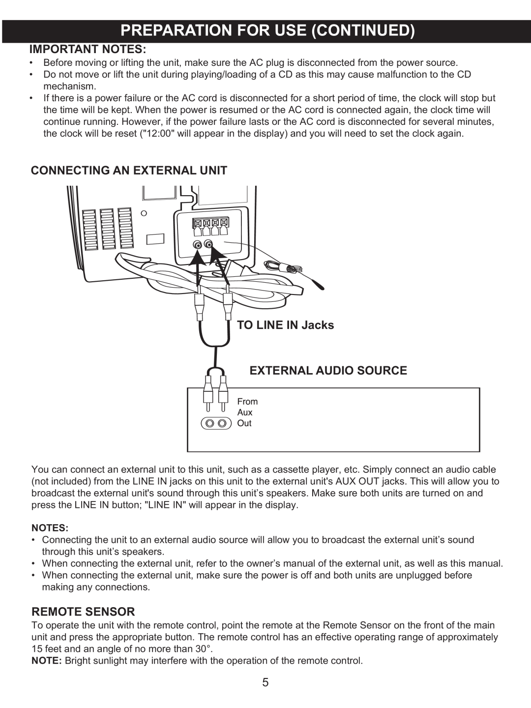 Memorex MX4137 manual Important Notes, CONNECTING AN EXTERNAL UNIT TO LINE IN Jacks, External Audio Source, Remote Sensor 
