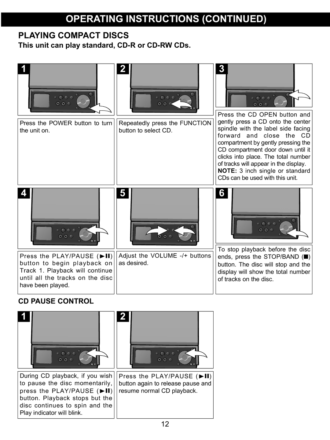 Memorex MX4139 manual CD Pause Control, Button to select CD 