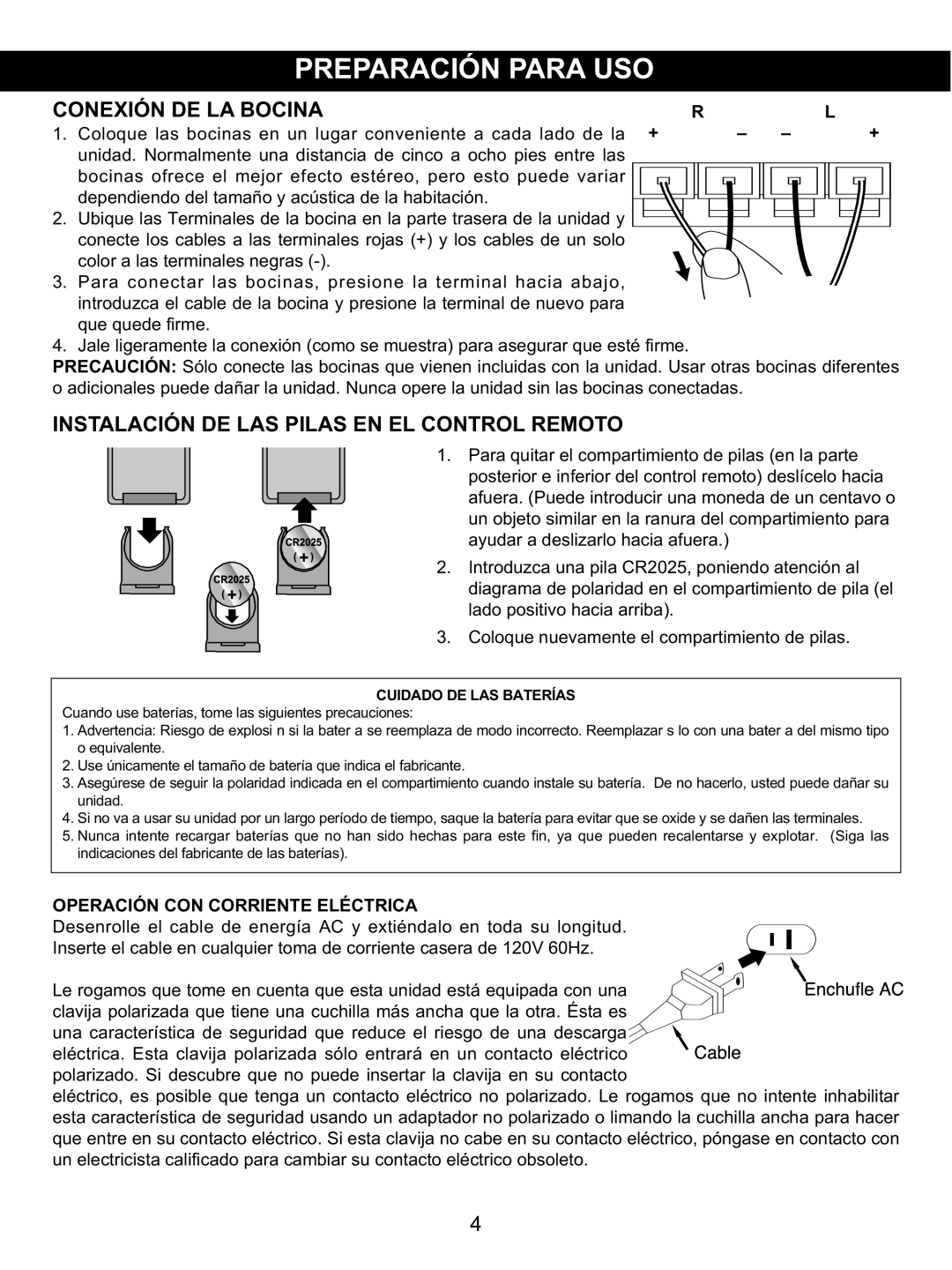 Memorex MX4139 manual Conexión DE LA Bocina, Instalación DE LAS Pilas EN EL Control Remoto 