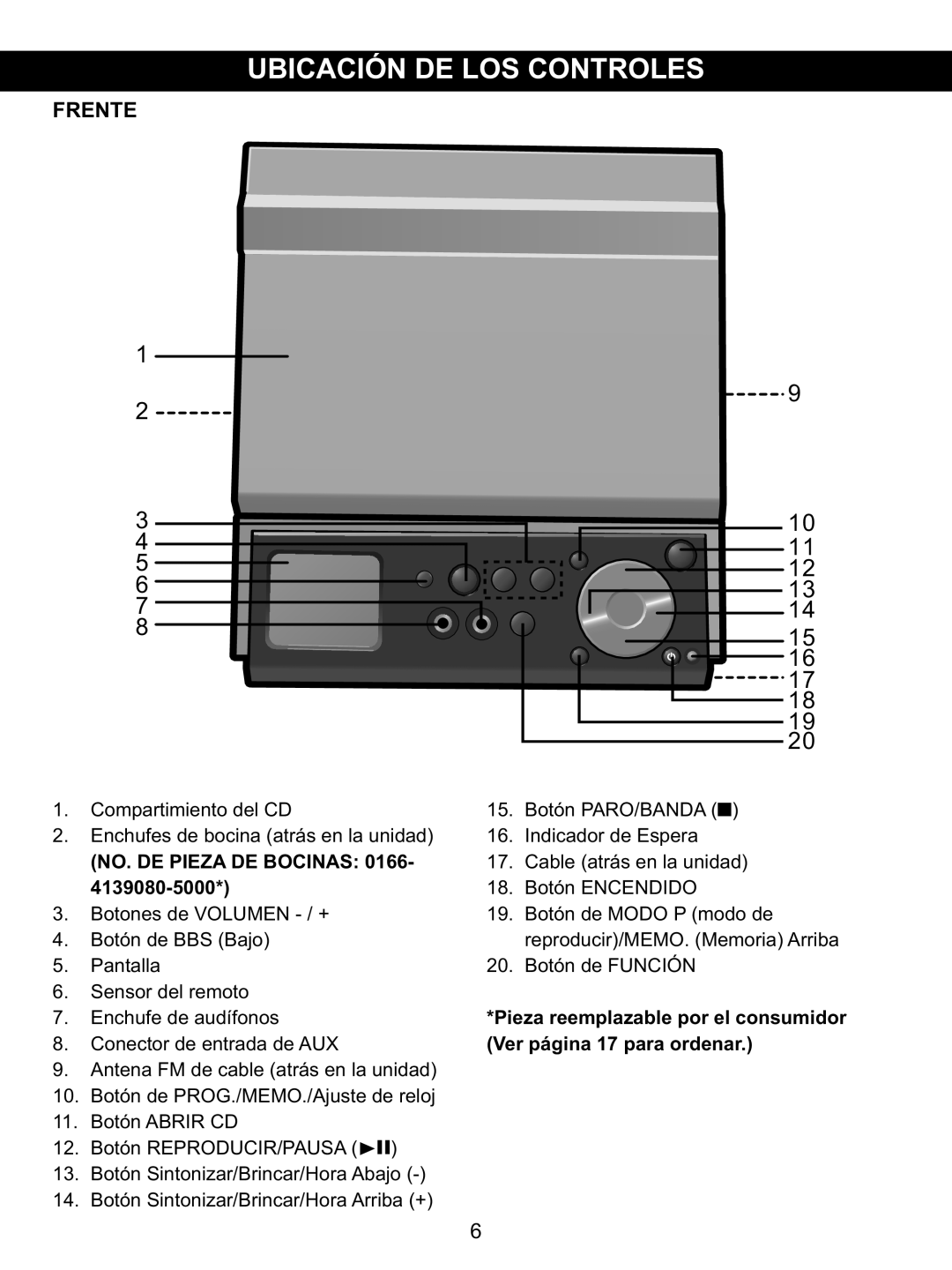 Memorex MX4139 manual Frente, NO. DE Pieza DE Bocinas 0166 