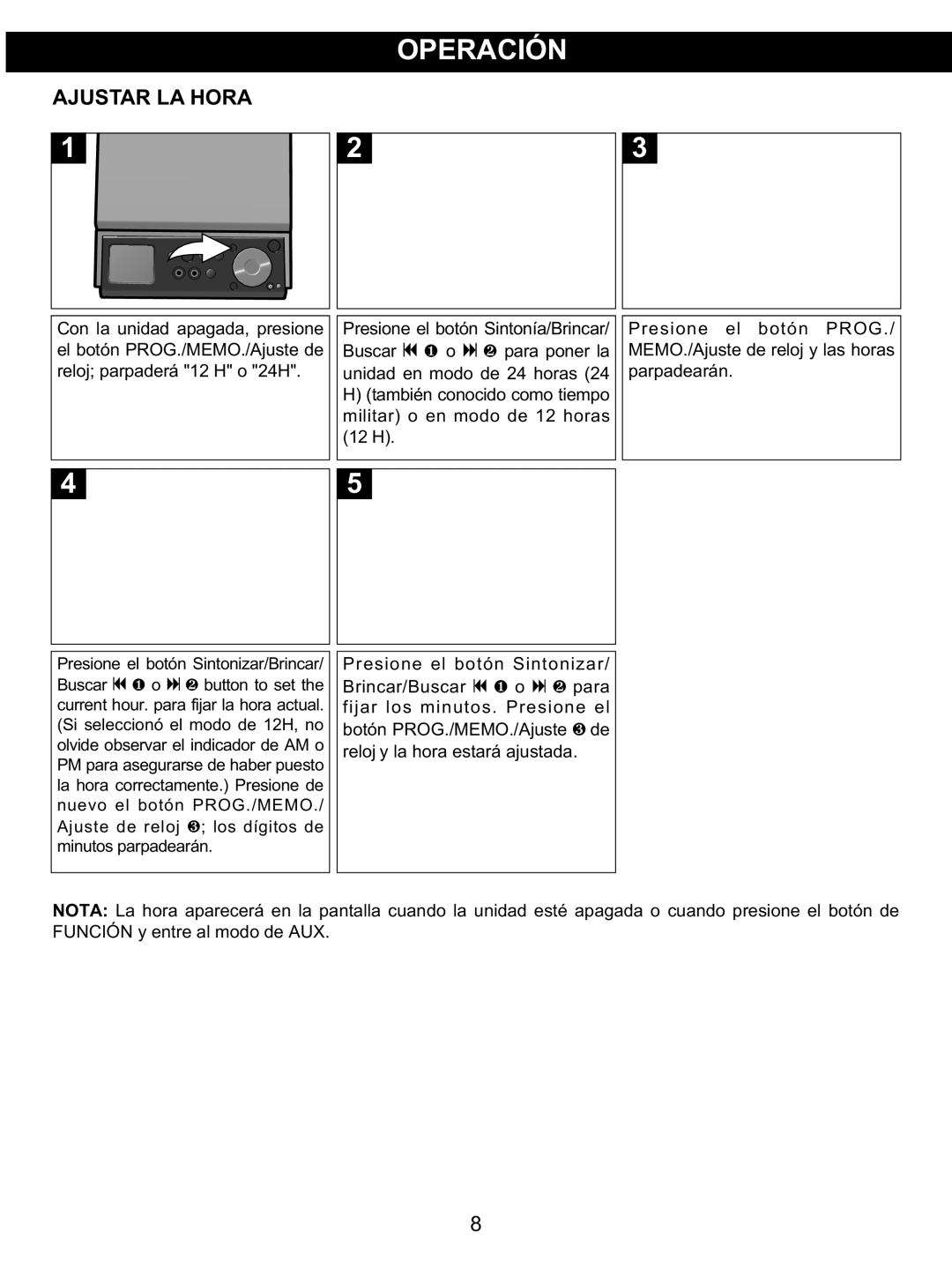 Memorex MX4139 Ajustar LA Hora, Buscar N 2 button to set, Si seleccionó el modo de 12H, no, Presione el botón Sintonizar 