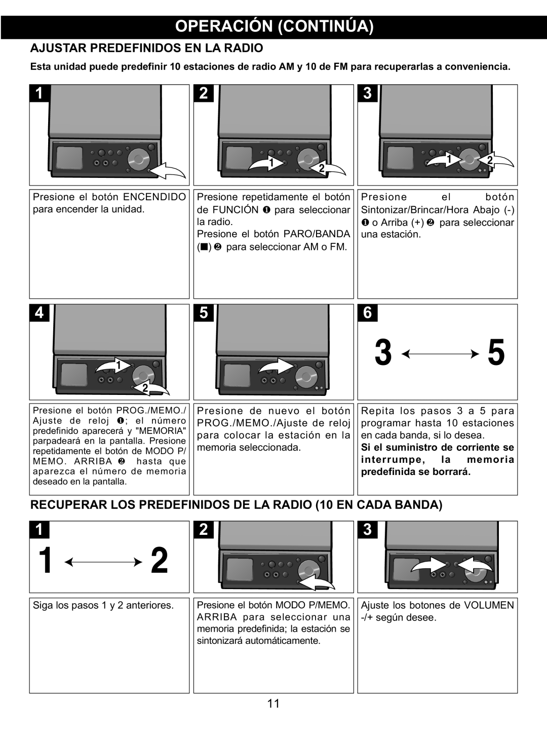 Memorex MX4139 manual Ajustar Predefinidos EN LA Radio, Recuperar LOS Predefinidos DE LA Radio 10 EN Cada Banda 