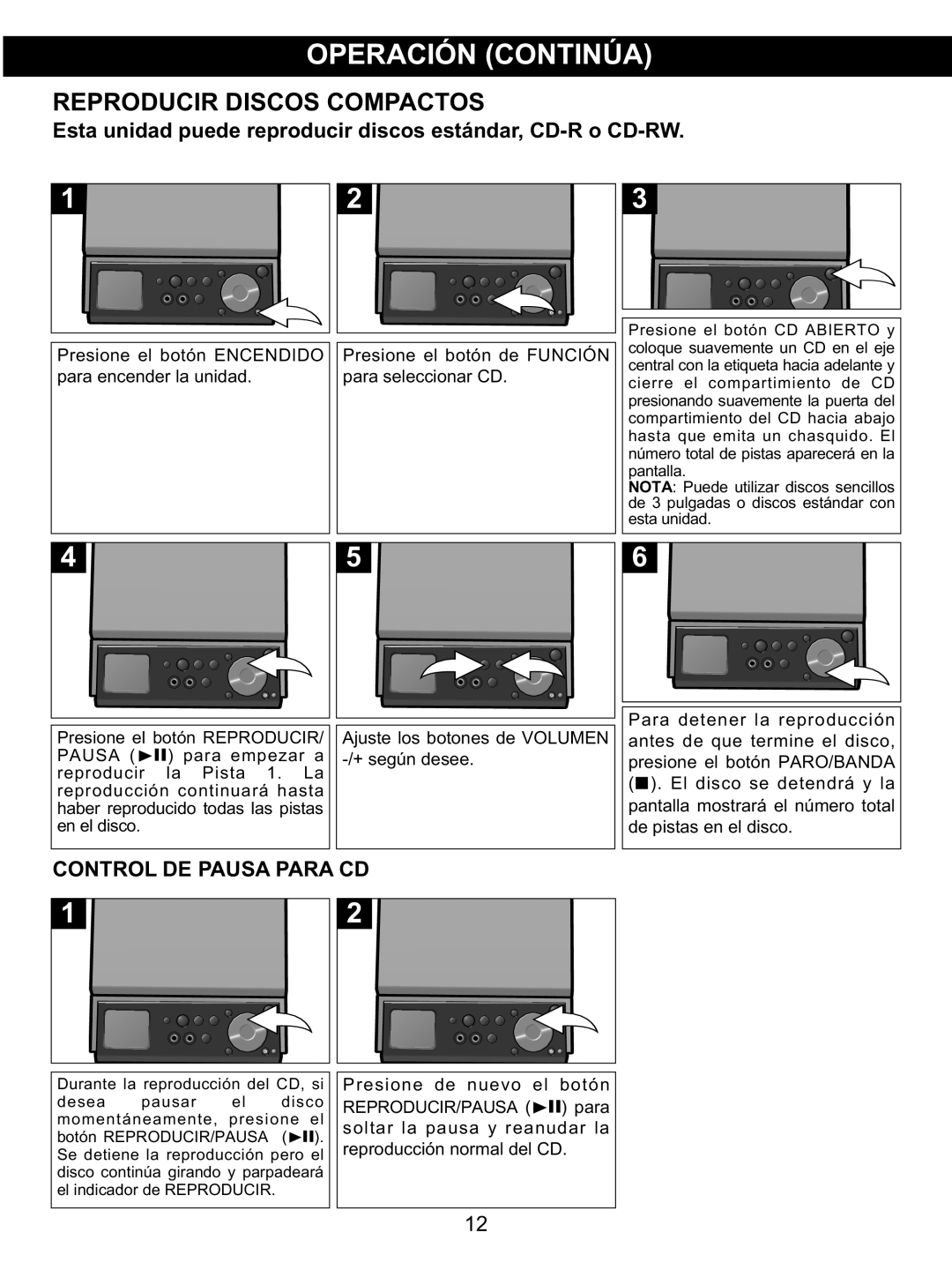 Memorex MX4139 manual Control DE Pausa Para CD, Presione el botón de Función para seleccionar CD 