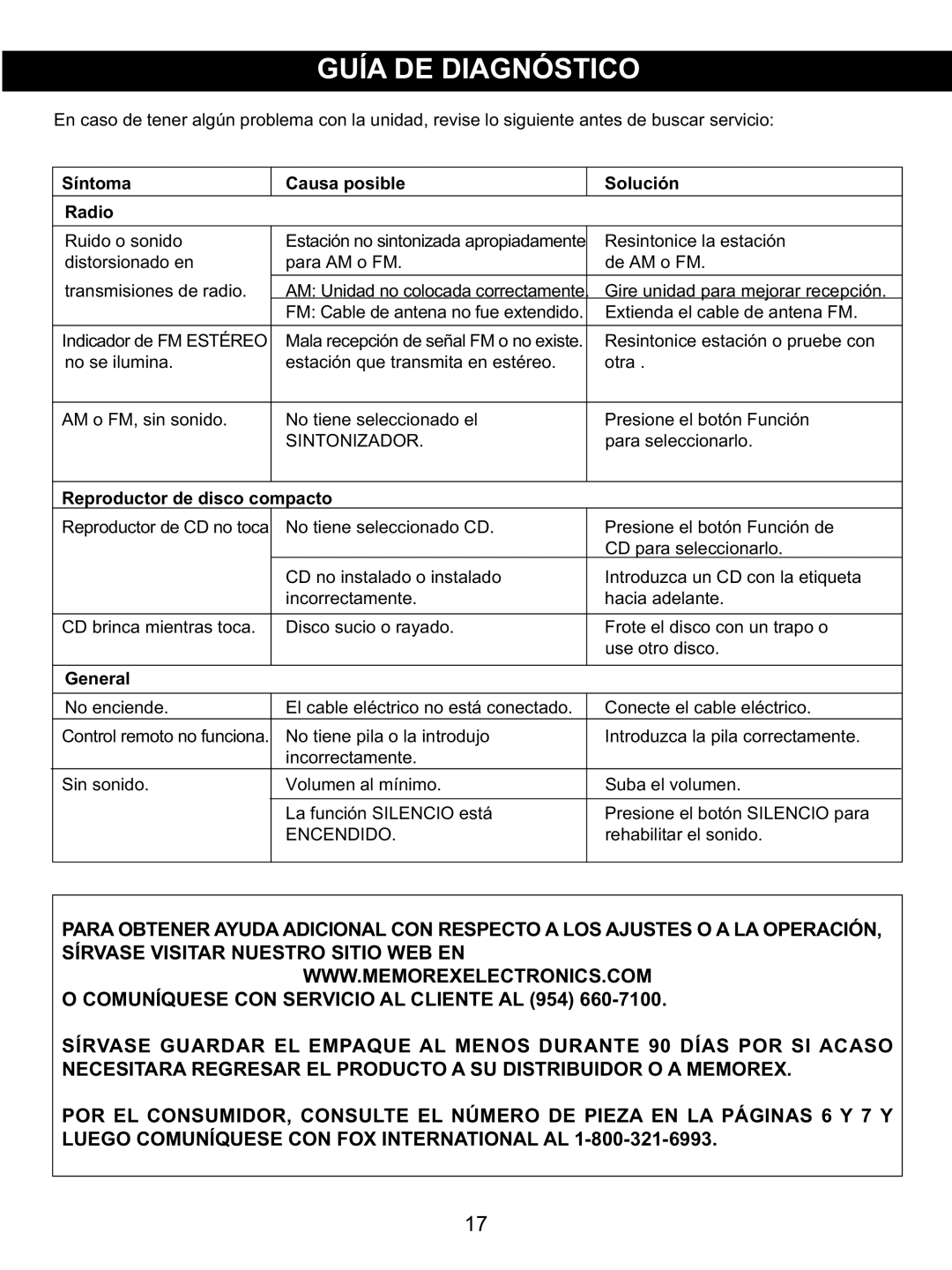 Memorex MX4139 manual Síntoma Causa posible Solución Radio, Reproductor de disco compacto 