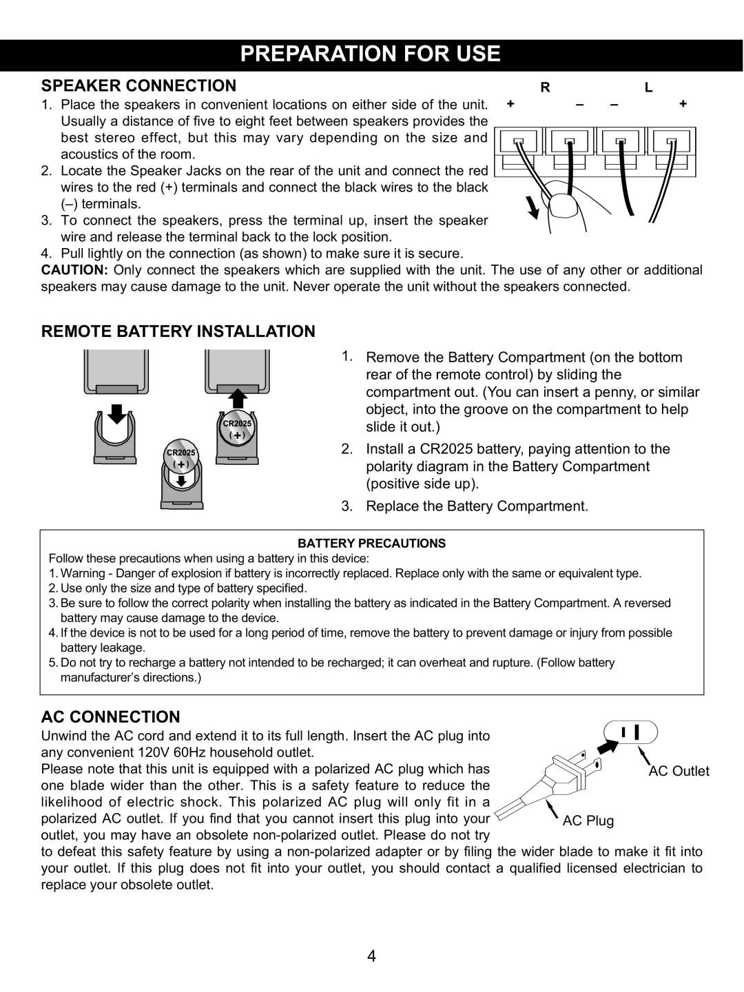 Memorex MX4139 manual Speaker Connection, Remote Battery Installation, AC Connection 