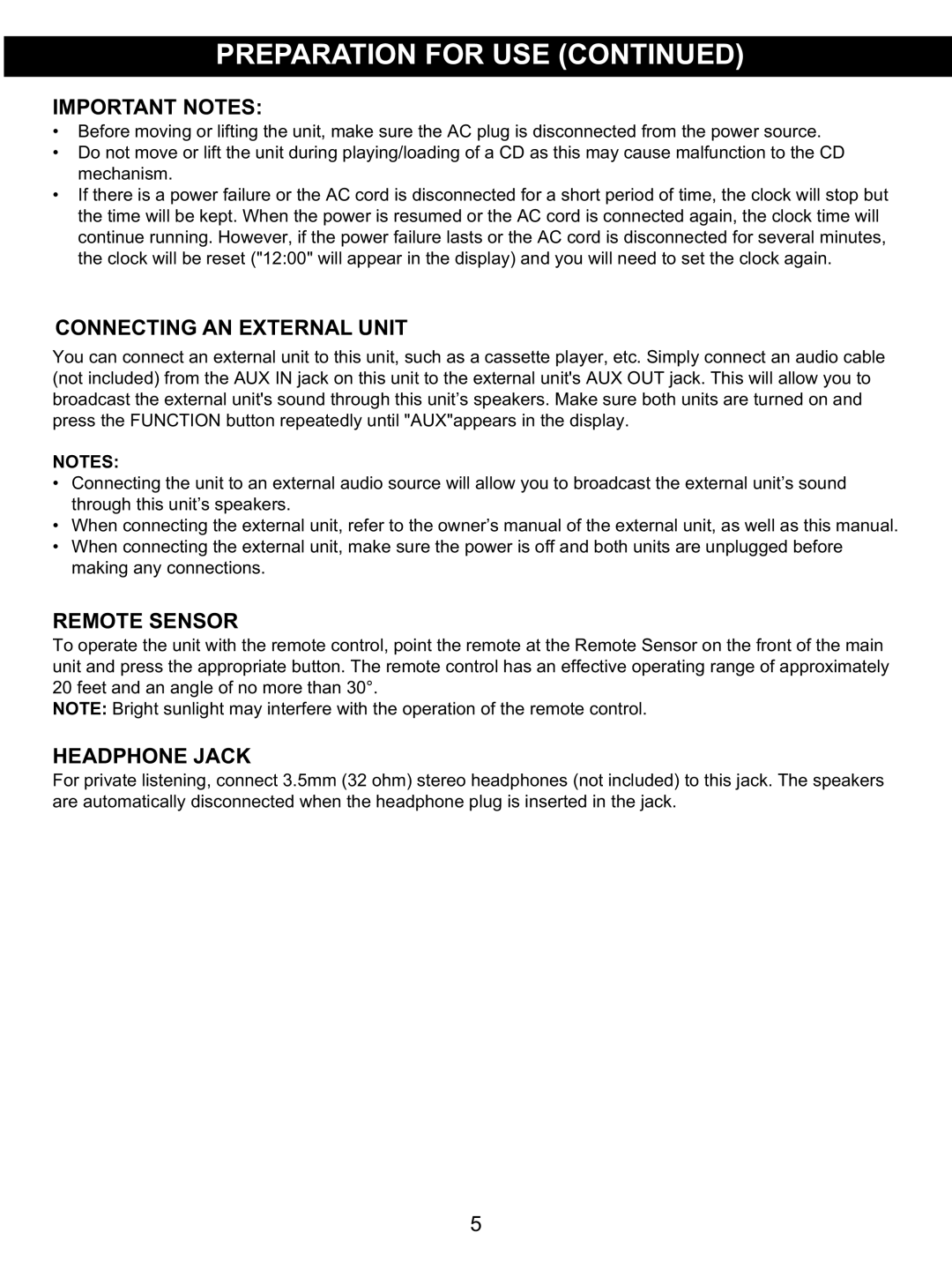 Memorex MX4139 manual Important Notes, Connecting AN External Unit, Remote Sensor, Headphone Jack 