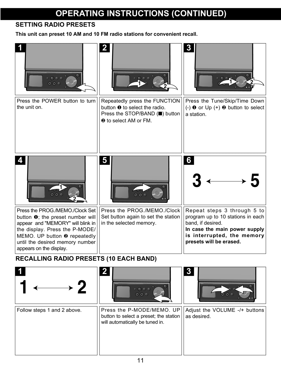 Memorex MX4139 manual Operating Instructions Continued, Setting Radio Presets, RECALLING RADIO PRESETS 10 EACH BAND 