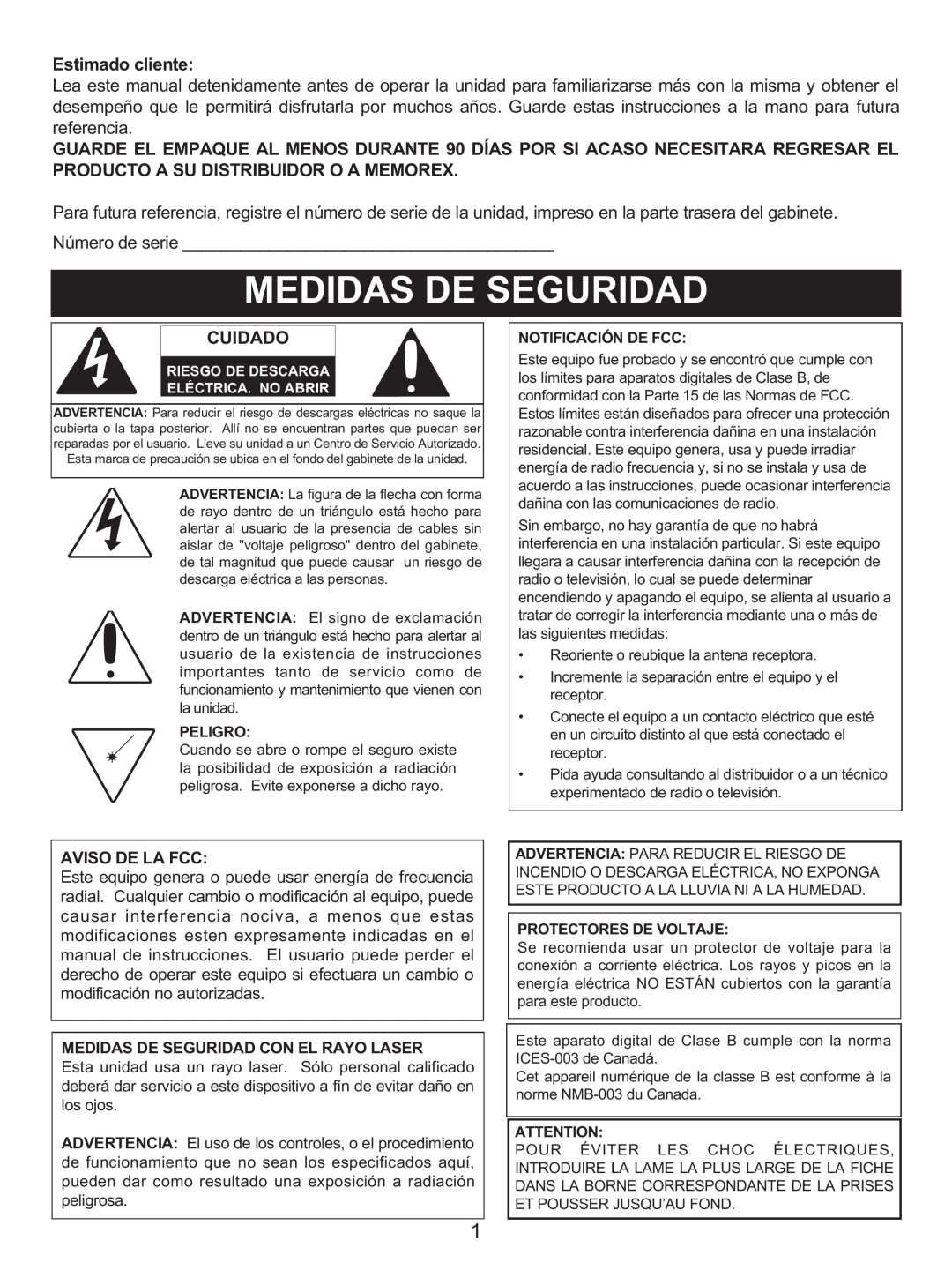 Memorex MX4139 manual Estimado cliente, Cuidado, Aviso De La Fcc, Medidas De Seguridad Con El Rayo Laser 