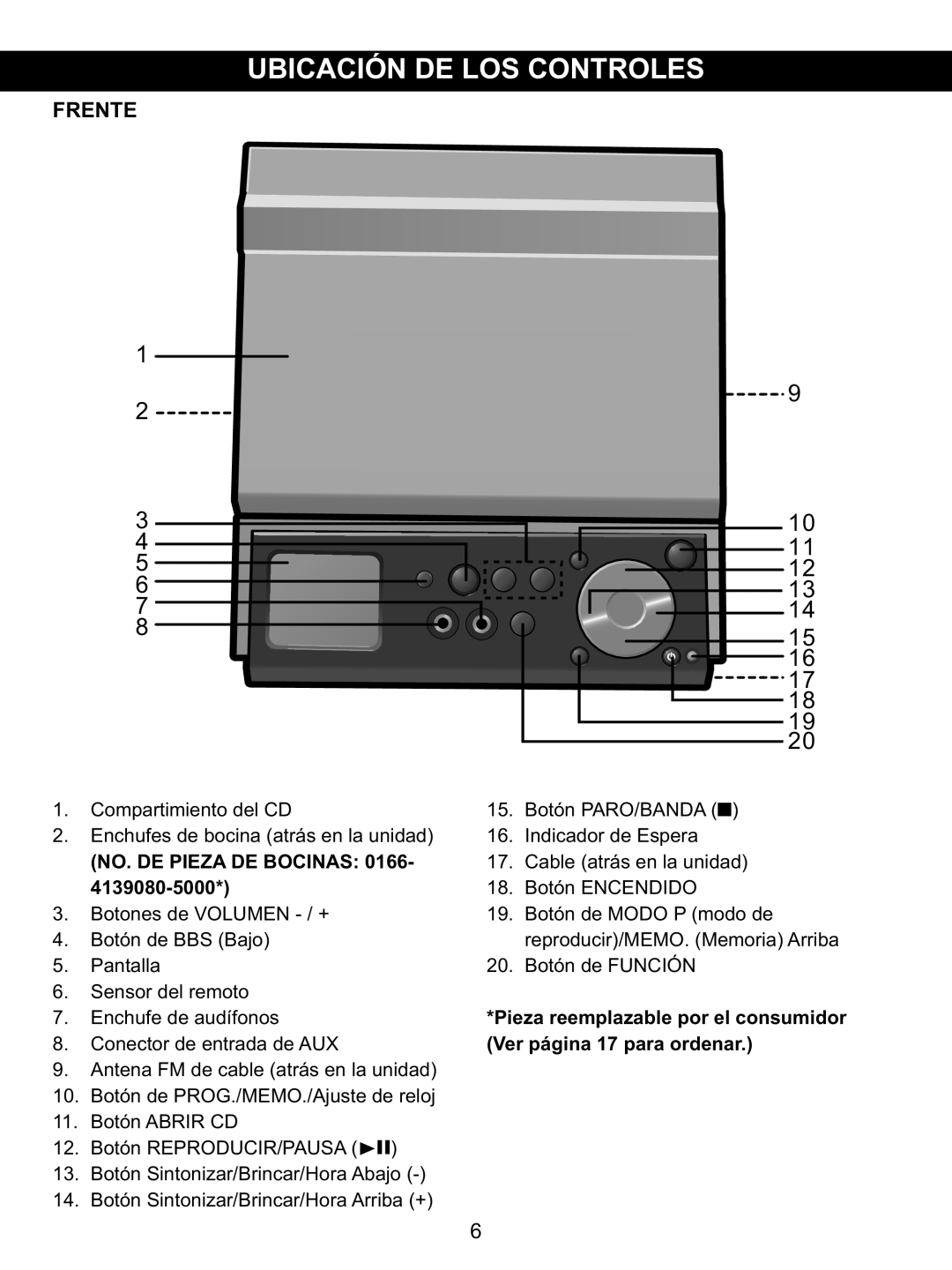 Memorex MX4139 manual 1 2 3, 9 10 11 12 13, Frente, No. De Pieza De Bocinas 