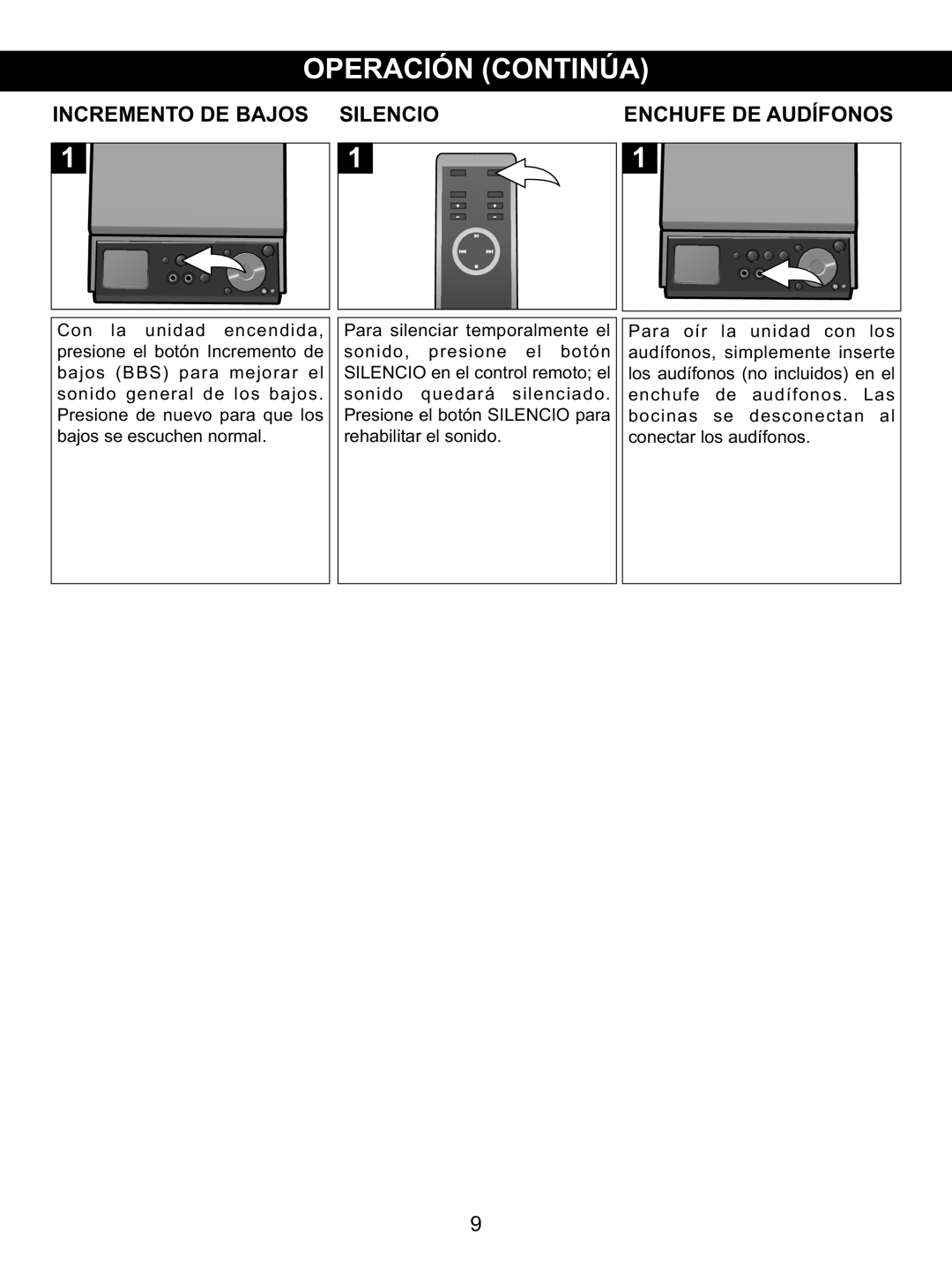 Memorex MX4139 manual Incremento De Bajos Silencio, Enchufe De Audífonos 