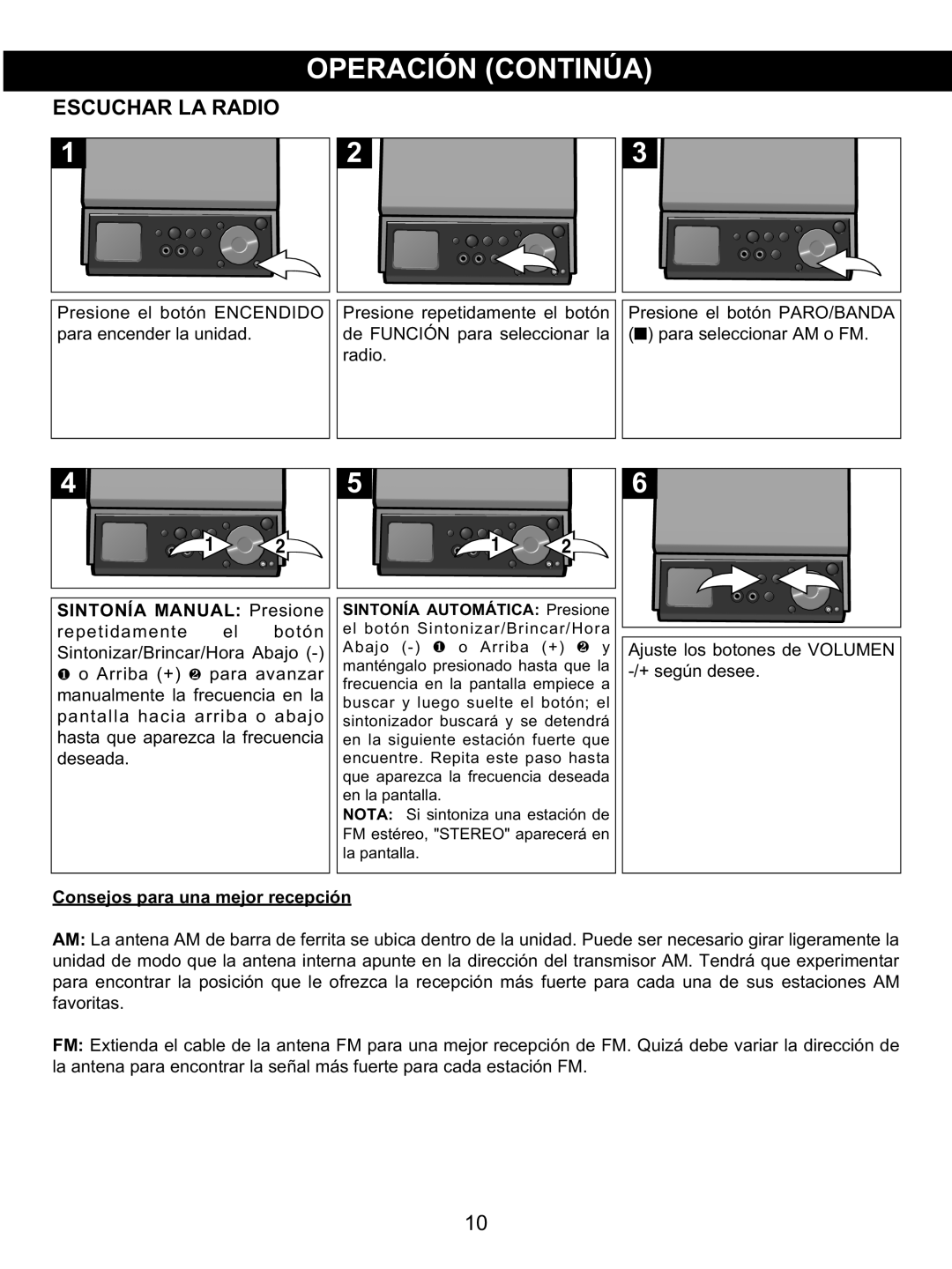 Memorex MX4139 manual Escuchar La Radio, SINTONÍA MANUAL Presione, Consejos para una mejor recepción 