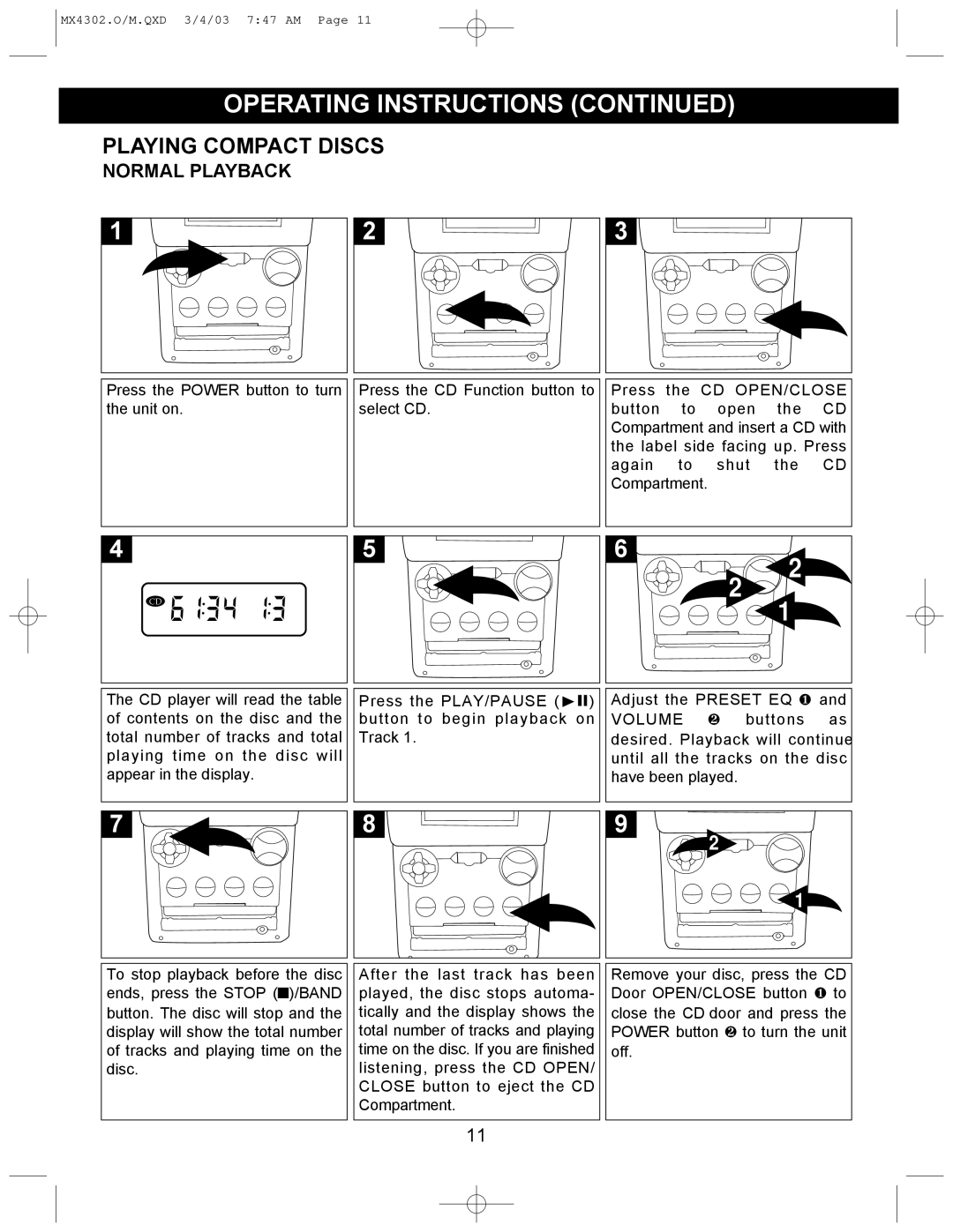 Memorex MX4302 operating instructions Playing Compact Discs, Normal Playback 