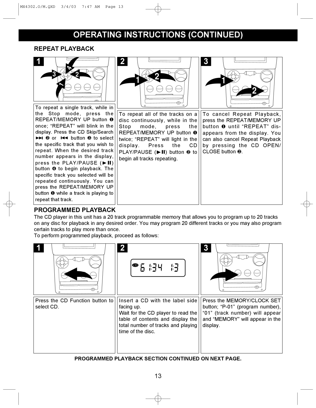 Memorex MX4302 operating instructions Repeat Playback, Programmed Playback 