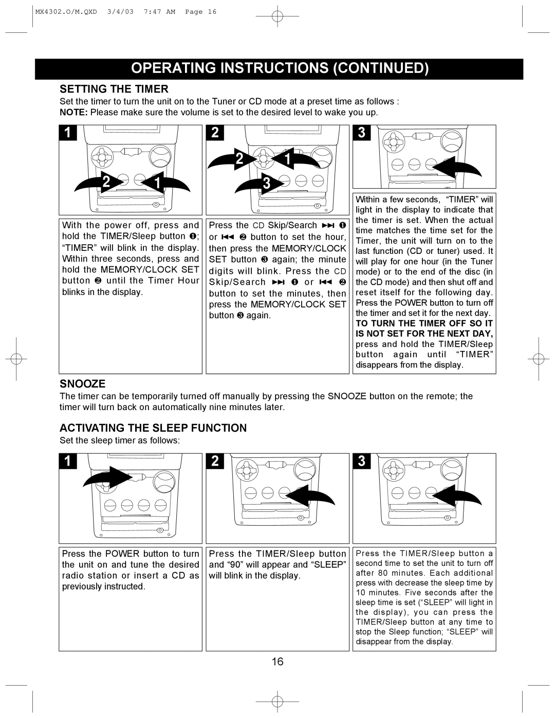 Memorex MX4302 operating instructions Setting the Timer, Snooze, Activating the Sleep Function 