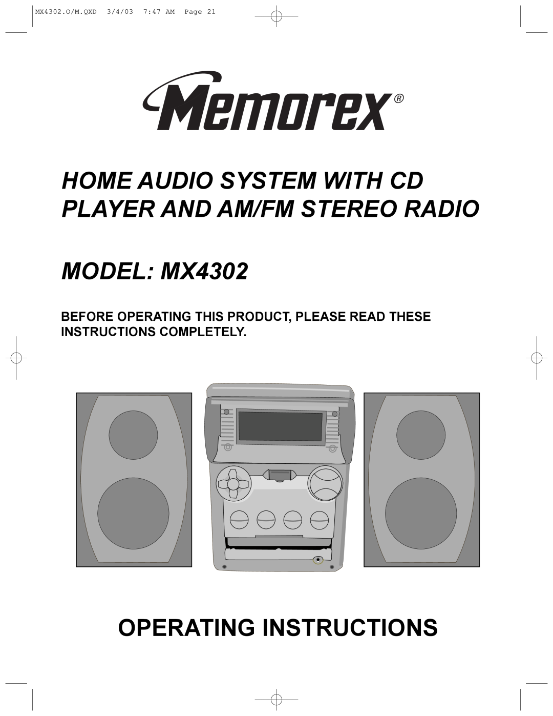 Memorex operating instructions MODEL MX4302, Operating Instructions, MX4302.O/M.QXD 3/4/03 747 AM Page 