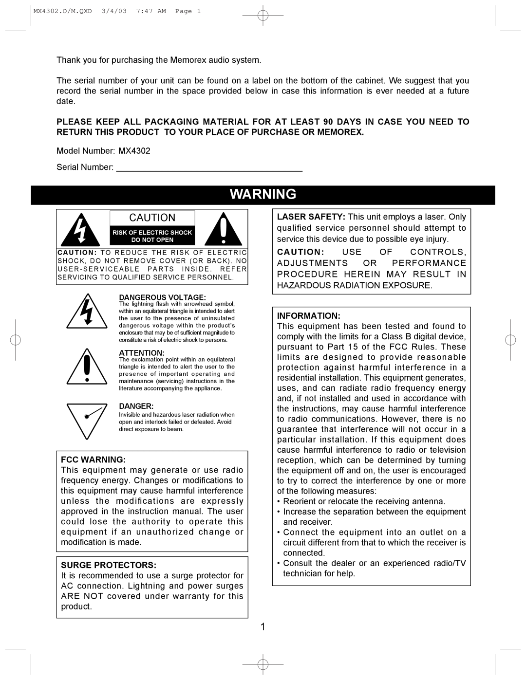 Memorex MX4302 operating instructions Fcc Warning, Surge Protectors, Information 