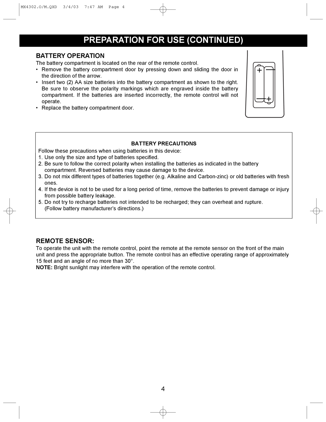 Memorex MX4302 operating instructions Preparation For Use Continued, Battery Operation, Remote Sensor, Battery Precautions 