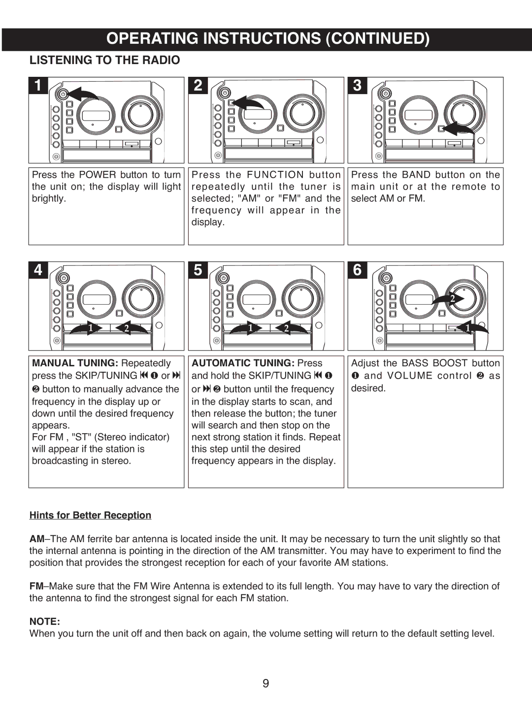 Memorex MX4501 manual Listening to the Radio, Automatic Tuning Press and hold the SKIP/TUNING o, Hints for Better Reception 