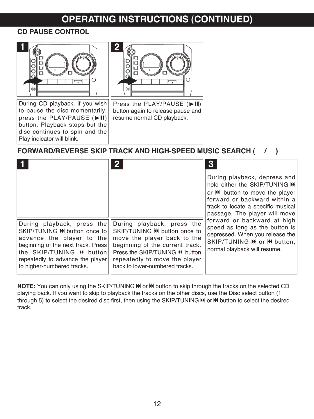 Memorex MX4501 manual CD Pause Control, FORWARD/REVERSE Skip Track and HIGH-SPEED Music Search 