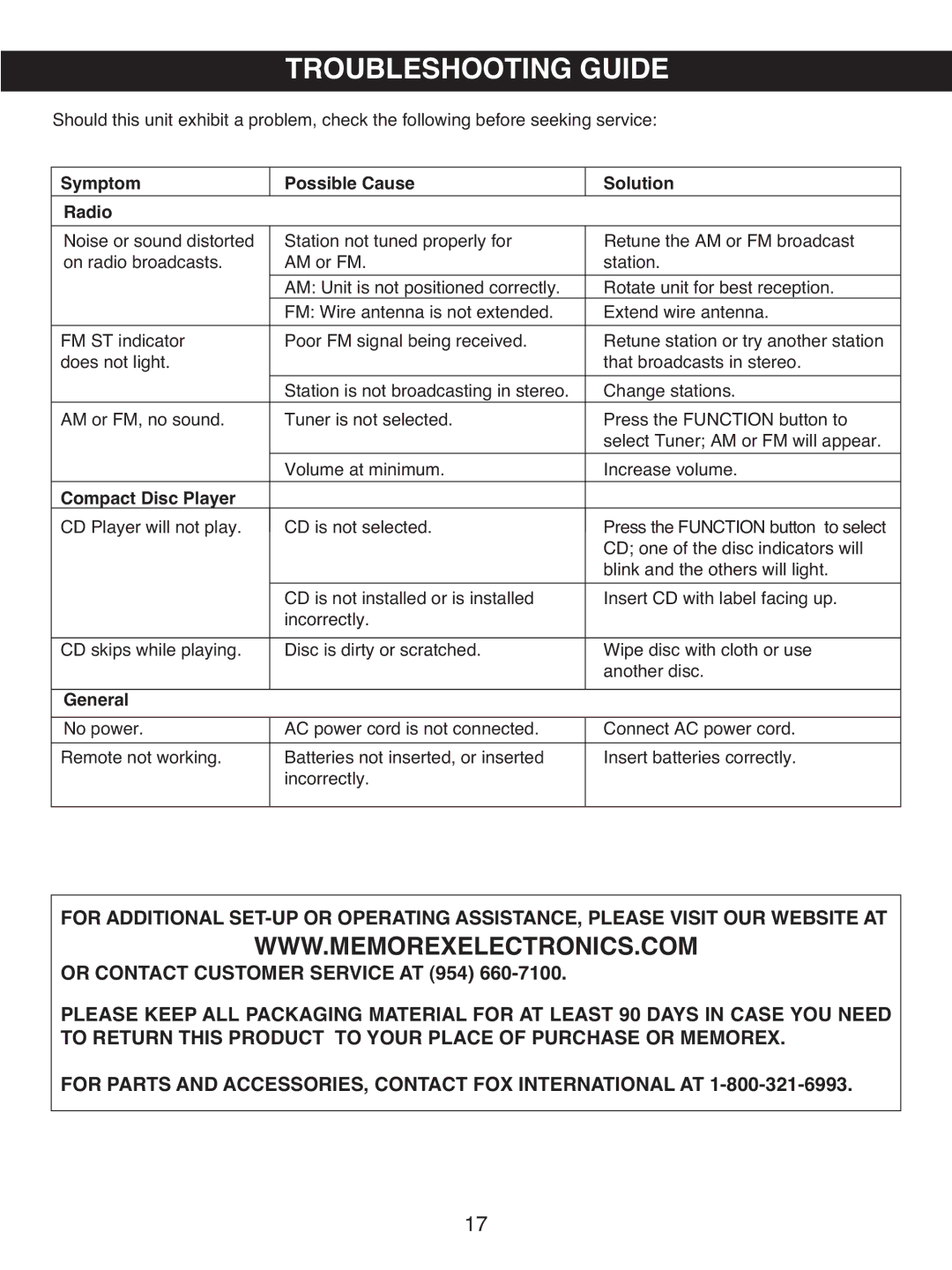 Memorex MX4501 manual Symptom Possible Cause Solution Radio, Compact Disc Player, General 