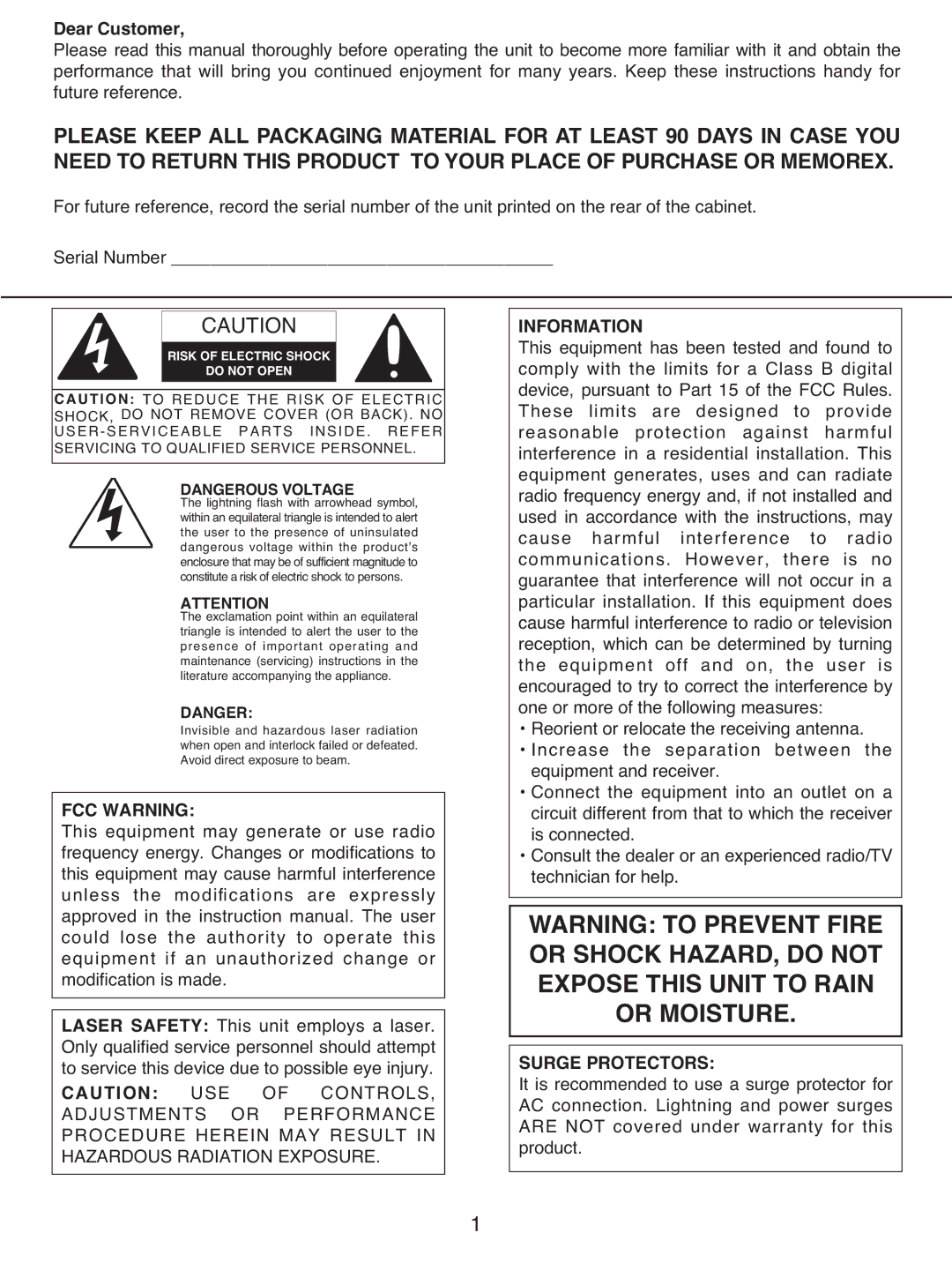 Memorex MX4501 manual Dear Customer, Risk of Electric Shock Do not Open 