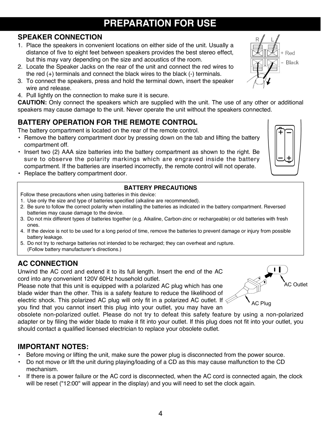 Memorex MX4501 manual Speaker Connection, Battery Operation for the Remote Control, AC Connection, Important Notes 