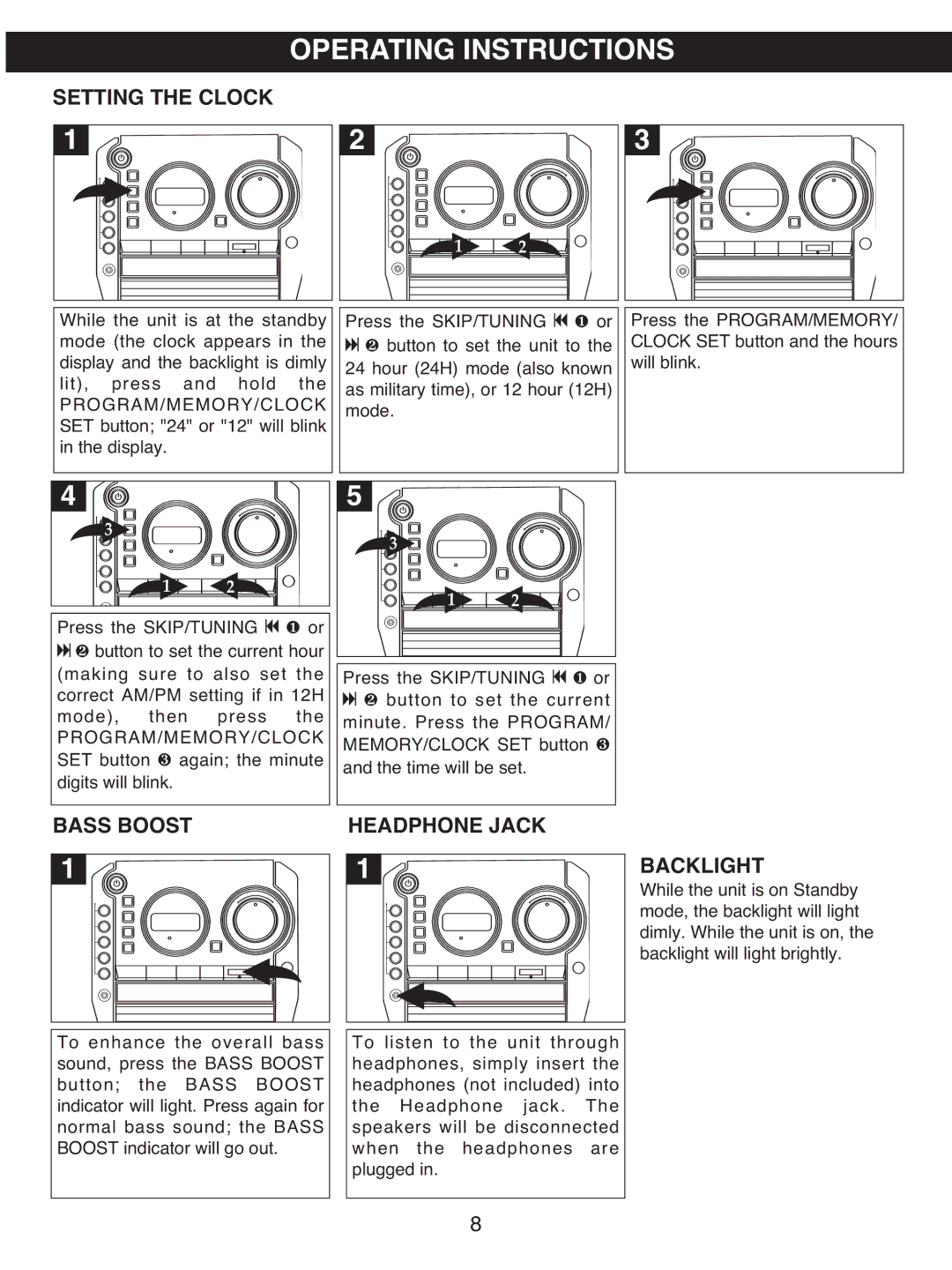 Memorex MX4501 manual Setting the Clock, Bass Boost, Headphone Jack, Backlight 