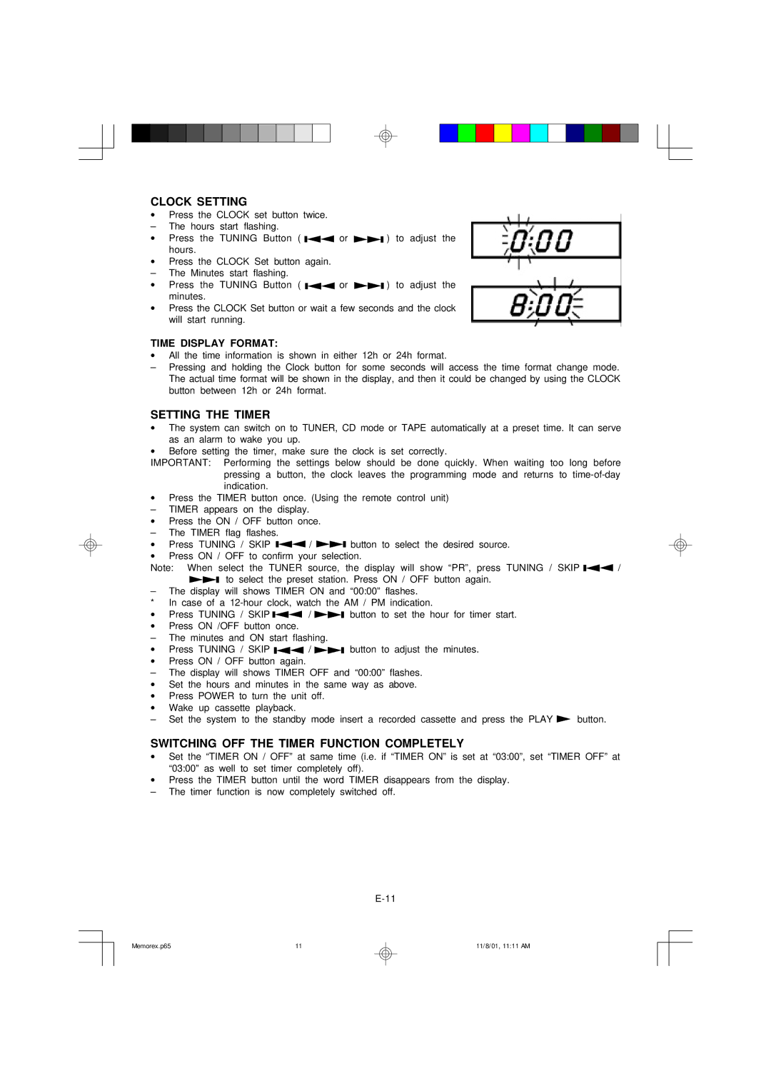 Memorex MX5310 manual Clock Setting, Setting the Timer, Switching OFF the Timer Function Completely, Time Display Format 