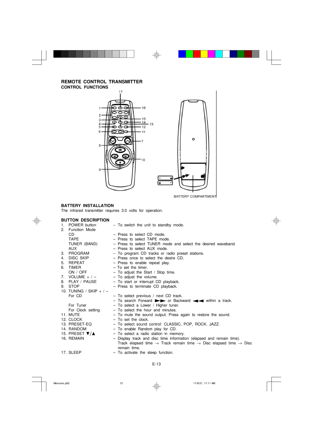 Memorex MX5310 manual Remote Control Transmitter, Control Functions Battery Installation, Button Description 