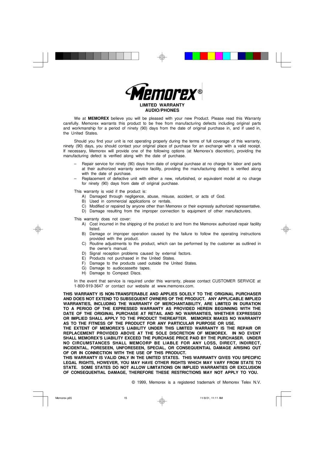 Memorex MX5310 manual Limited Warranty AUDIO/PHONES 