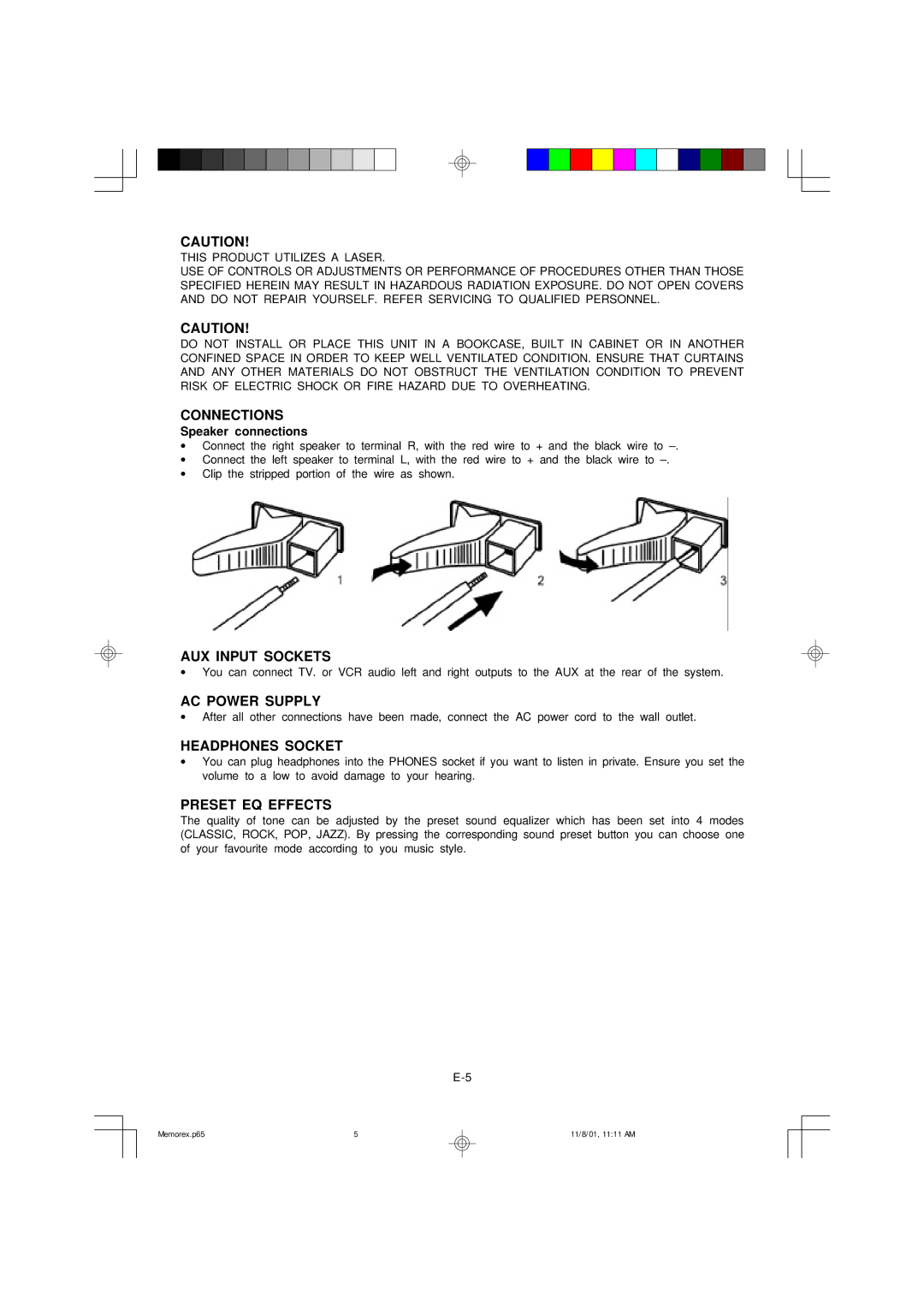 Memorex MX5310 manual Connections, AUX Input Sockets, AC Power Supply, Headphones Socket, Preset EQ Effects 