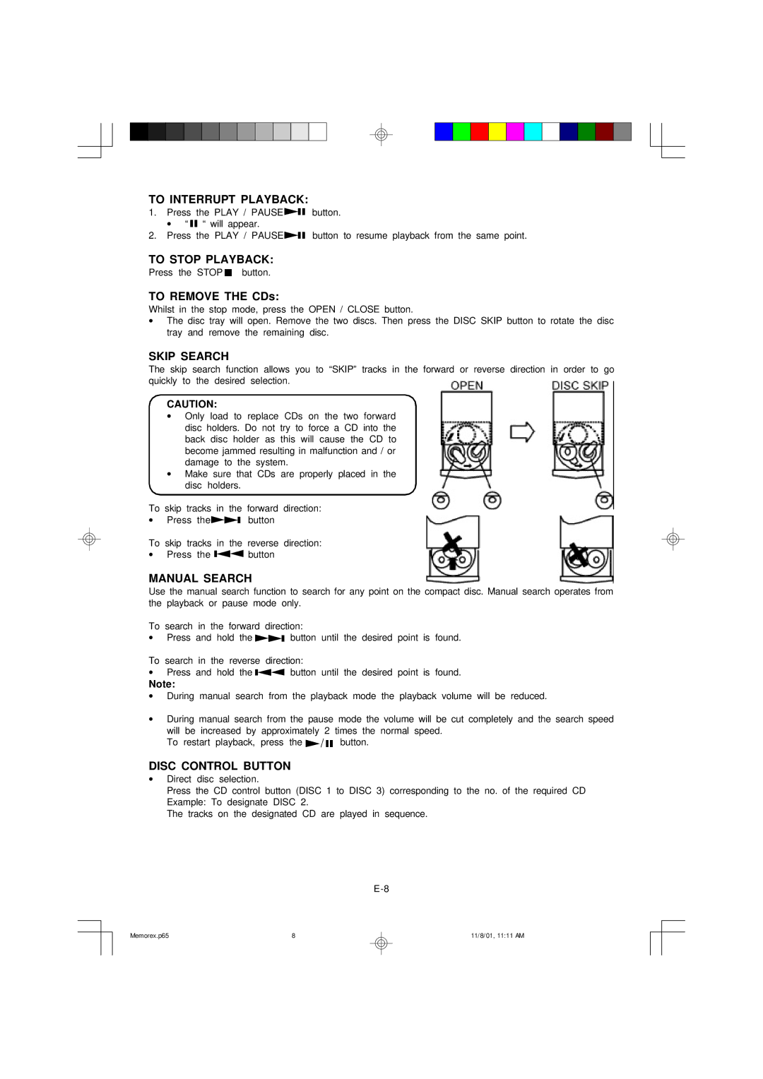 Memorex MX5310 manual To Interrupt Playback, To Stop Playback, Skip Search, Manual Search, Disc Control Button 