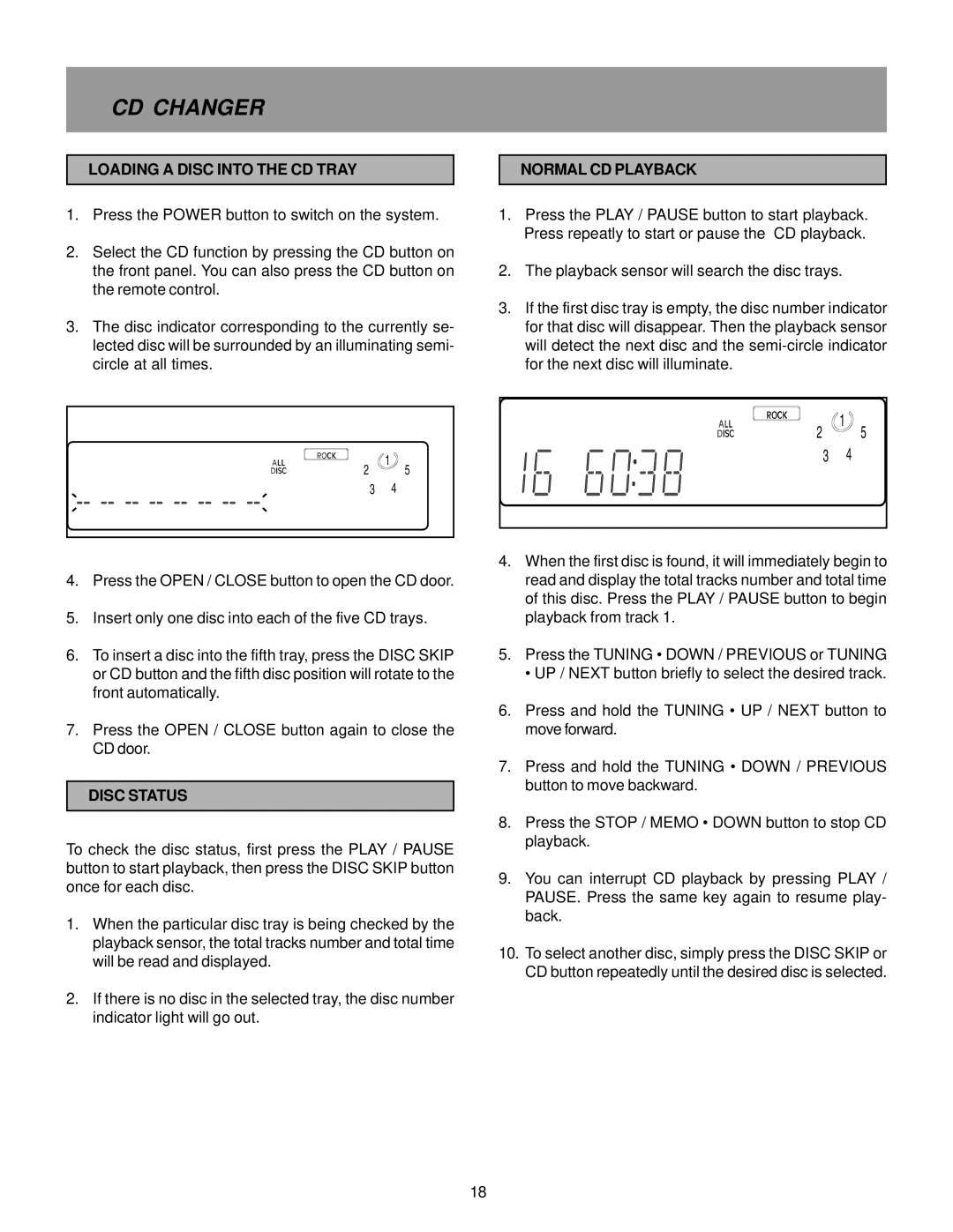 Memorex MX5510 manual CD Changer, Loading a Disc Into the CD Tray, Normal CD Playback, Disc Status 