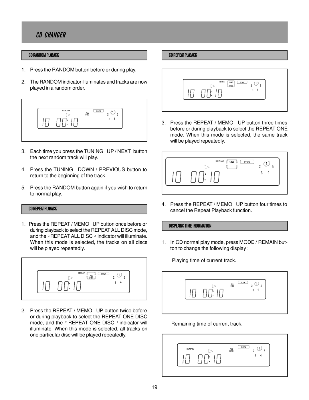 Memorex MX5510 manual CD Random Playback, CD Repeat Playback, Displaying Time Information 