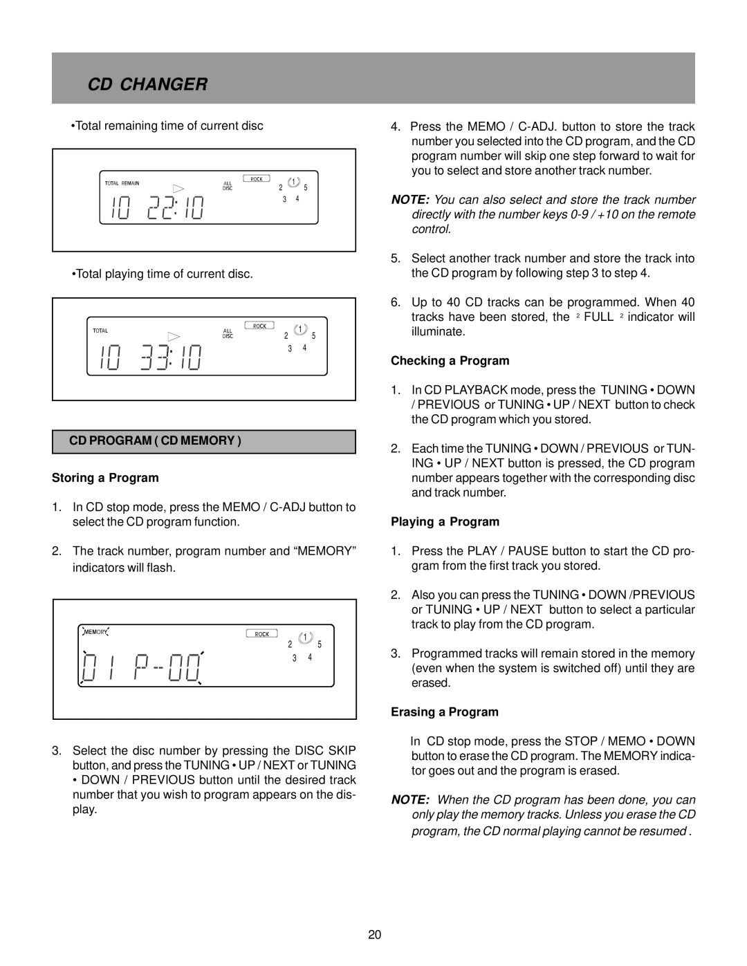 Memorex MX5510 manual CD Program CD Memory, Storing a Program, Checking a Program, Playing a Program, Erasing a Program 