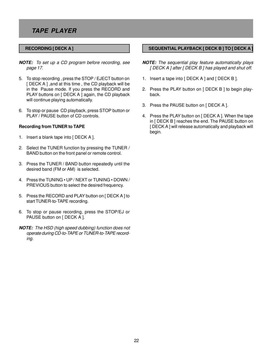 Memorex MX5510 manual Recording from Tuner to Tape, Sequential Playback Deck B to Deck a 