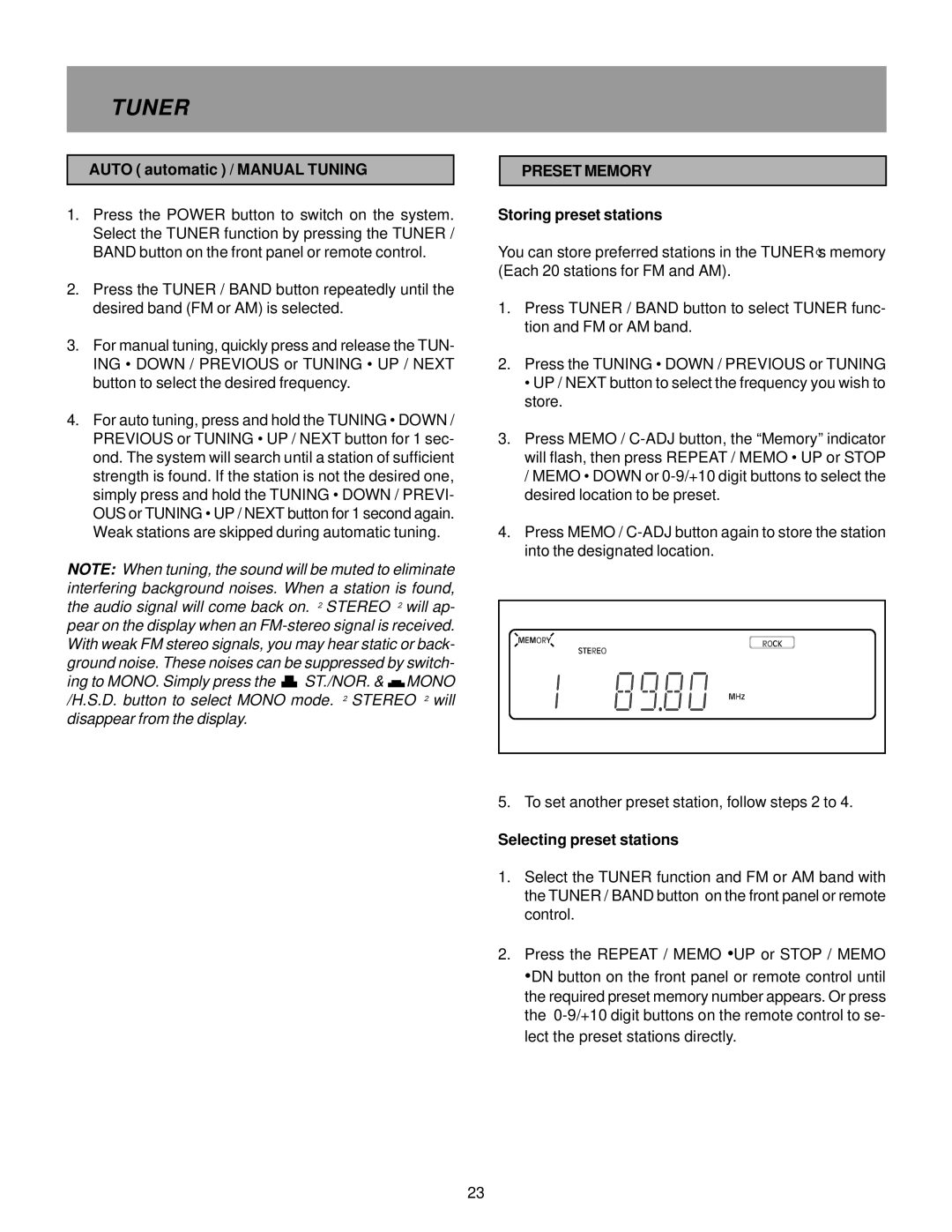 Memorex MX5510 Tuner, Auto automatic / Manual Tuning, Preset Memory, Storing preset stations, Selecting preset stations 