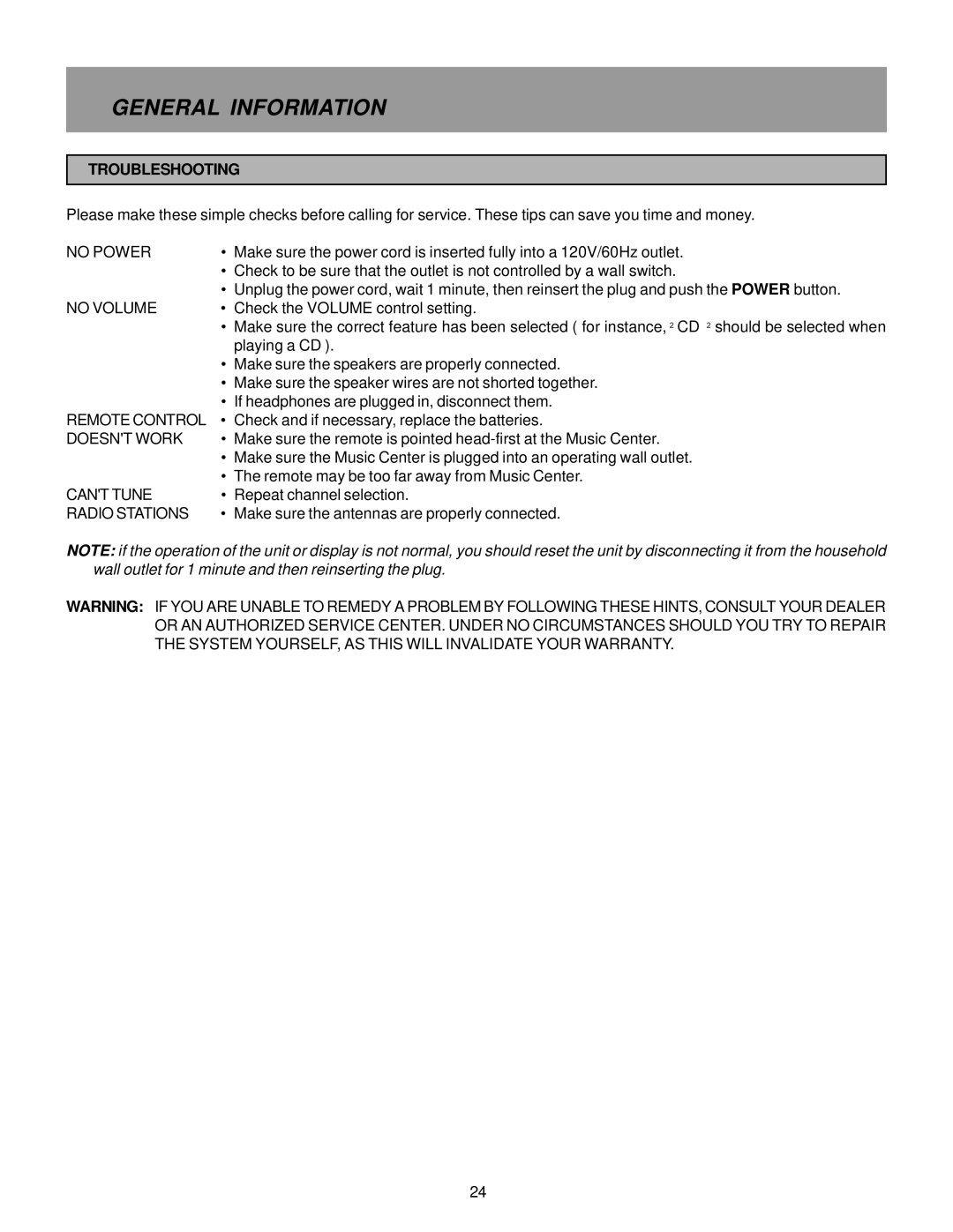 Memorex MX5510 manual General Information, Troubleshooting 