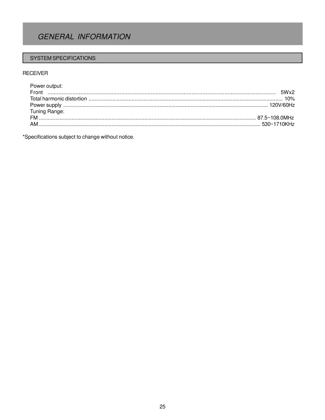 Memorex MX5510 manual System Specifications Receiver, Power output, Tuning Range 