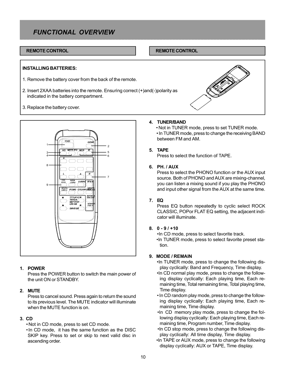 Memorex MX5520SPKA manual Remote Control Installing Batteries, Tuner/Band 