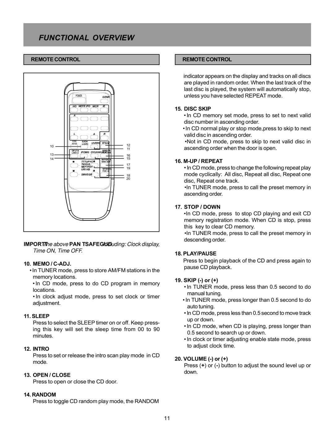 Memorex MX5520SPKA manual UP / Repeat, Stop / Down, Play/Pause 