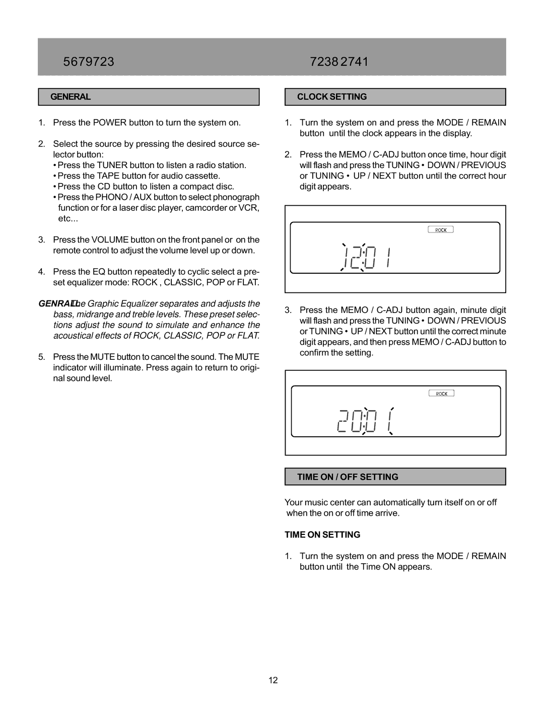 Memorex MX5520SPKA manual Amplifier Timer Setting, General, Clock Setting, Time on / OFF Setting, Time on Setting 