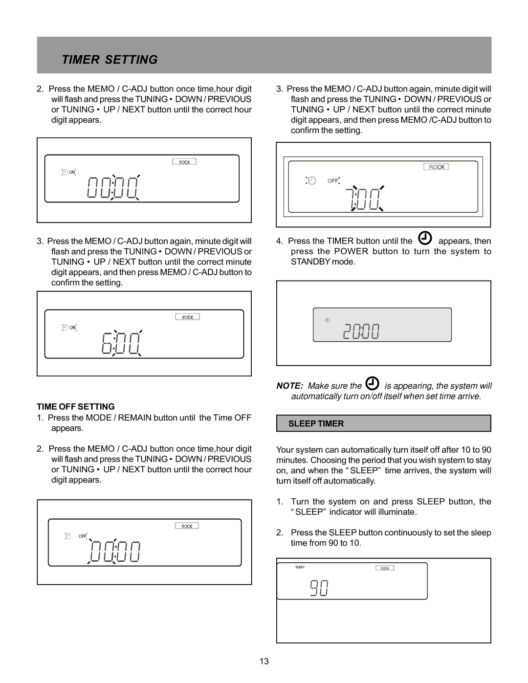 Memorex MX5520SPKA manual Time OFF Setting, Sleep Timer 