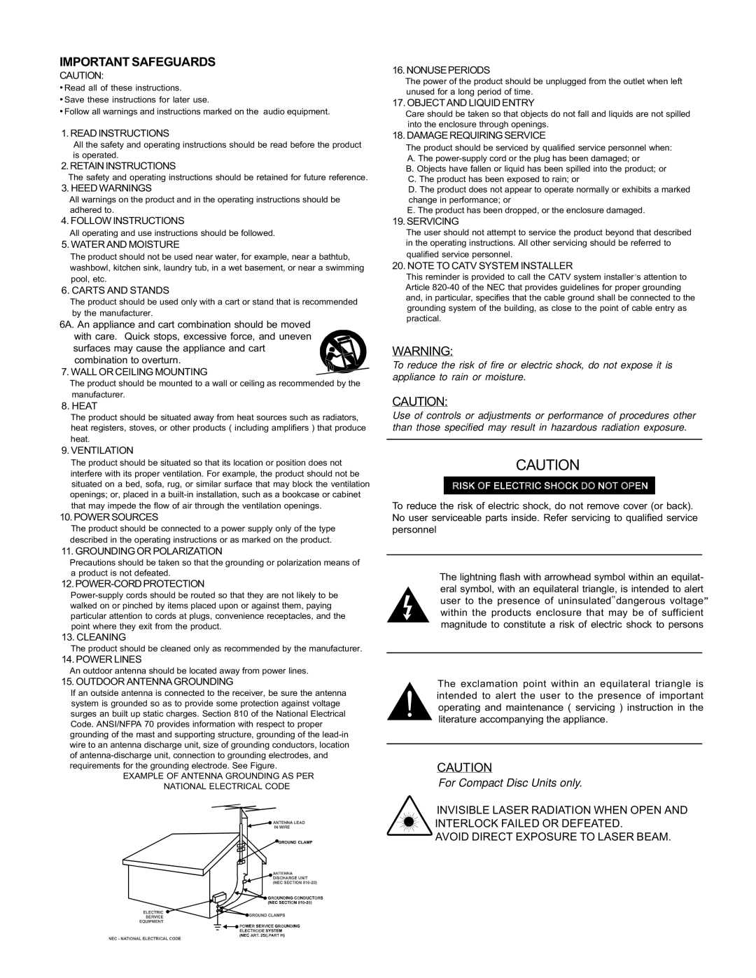 Memorex MX5520SPKA manual Important Safeguards, Water and Moisture 