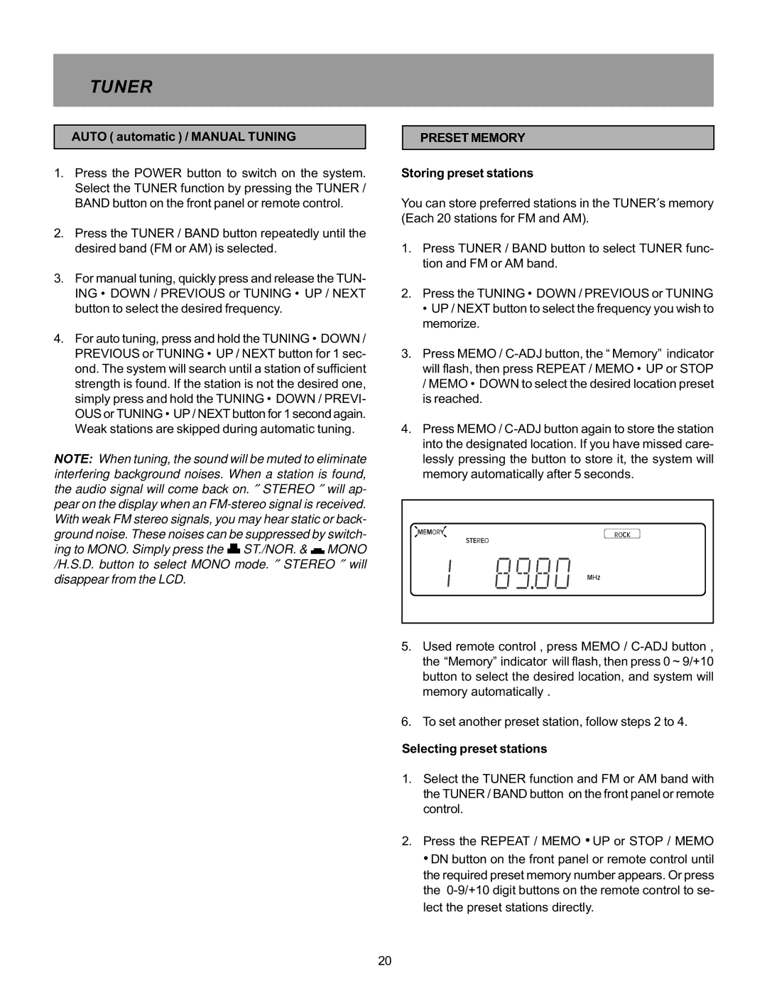 Memorex MX5520SPKA manual Tuner, Preset Memory 