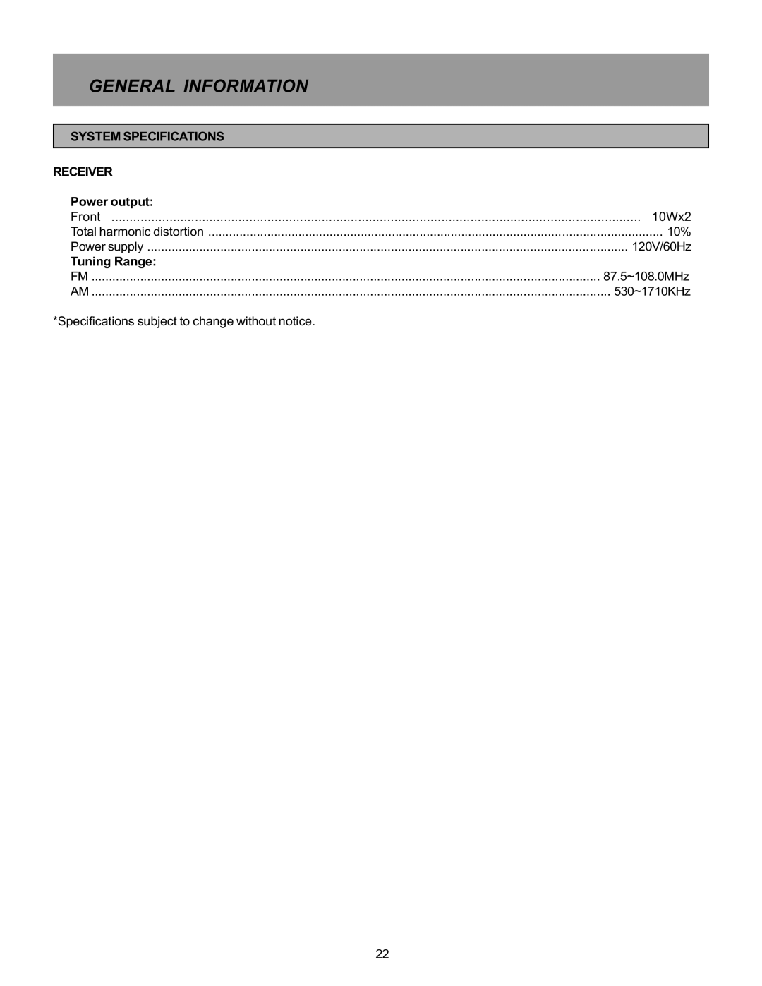 Memorex MX5520SPKA manual System Specifications Receiver 