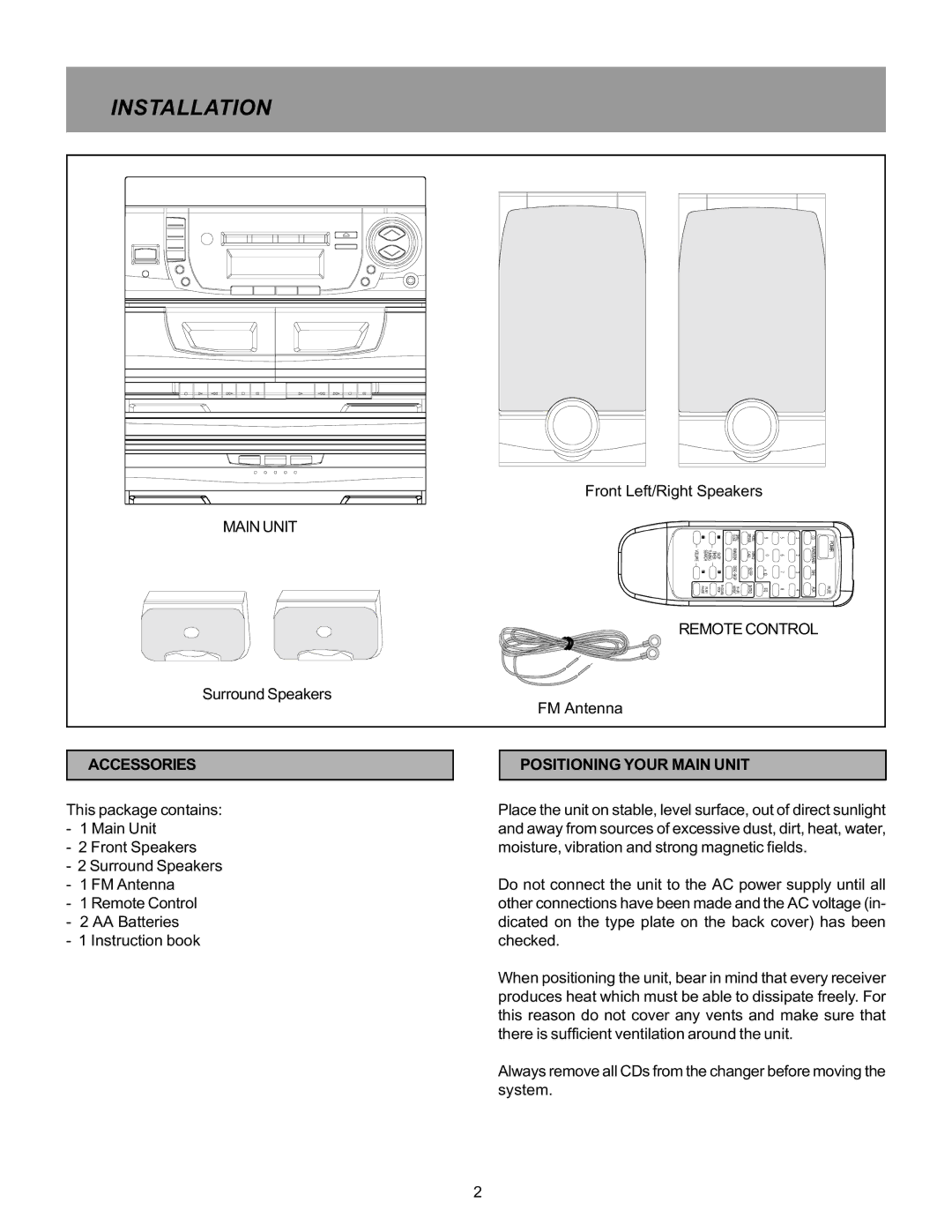 Memorex MX5520SPKA manual Installation, Remote Control, Accessories, Positioning Your Main Unit 