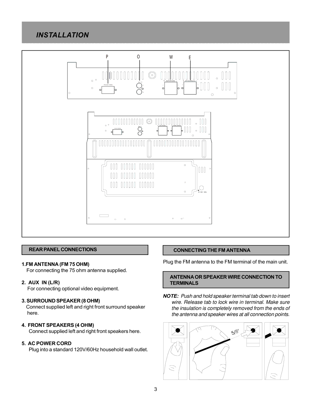 Memorex MX5520SPKA manual Rear Panel Connections FM Antenna FM 75 OHM, Surround Speaker 8 OHM, Front Speakers 4 OHM 